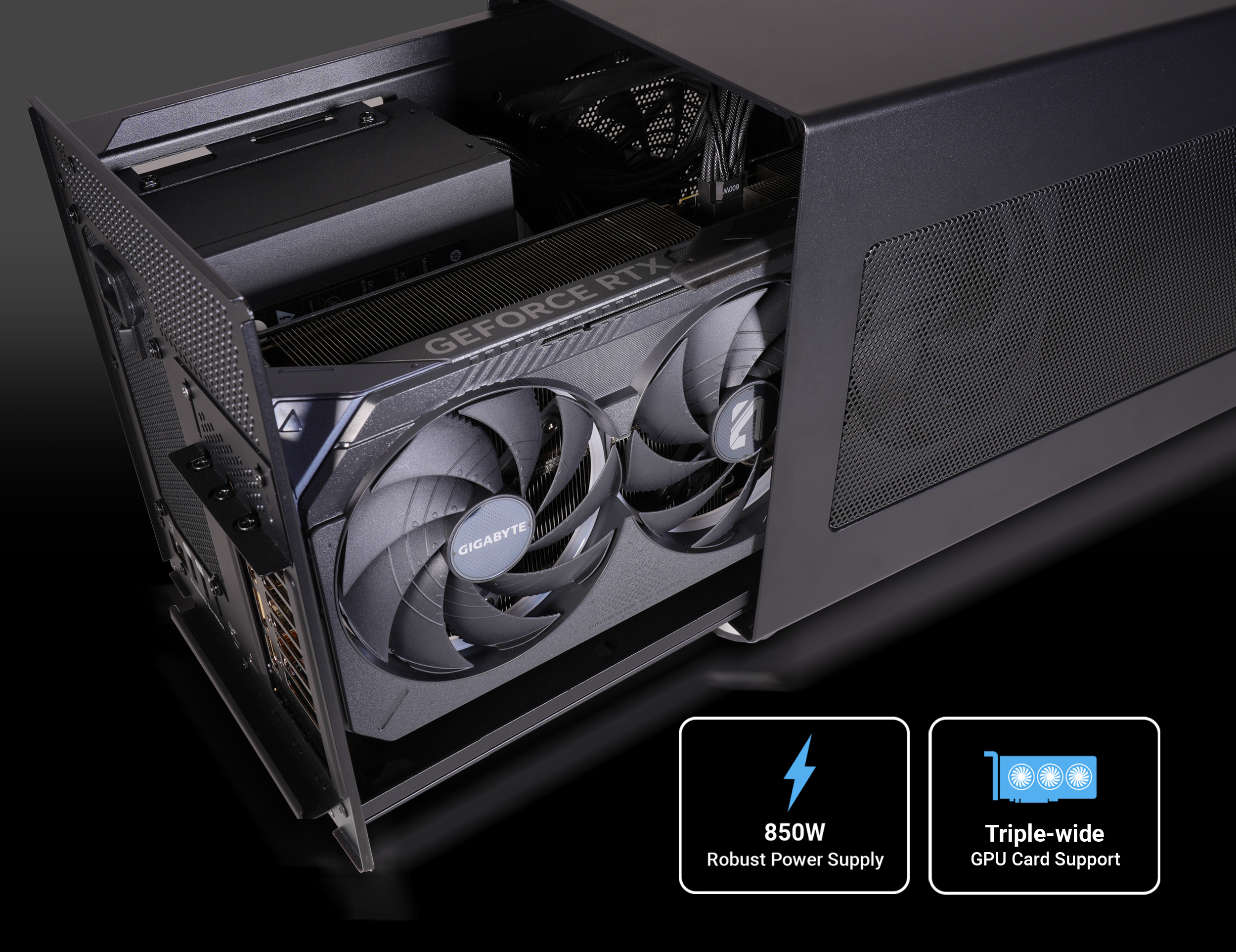 Breakaway Box 850T5 interior shot with triple wide GPU card.