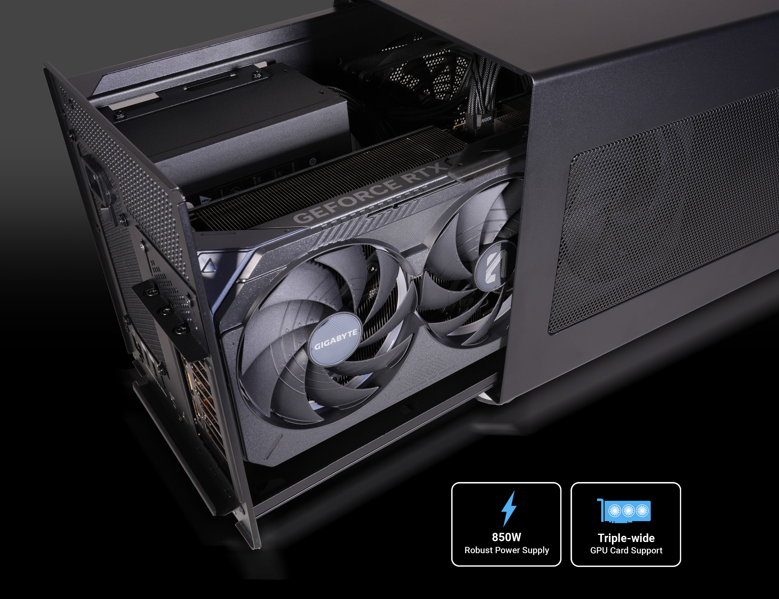 Breakaway Box 850T5 interior shot with triple wide GPU card.