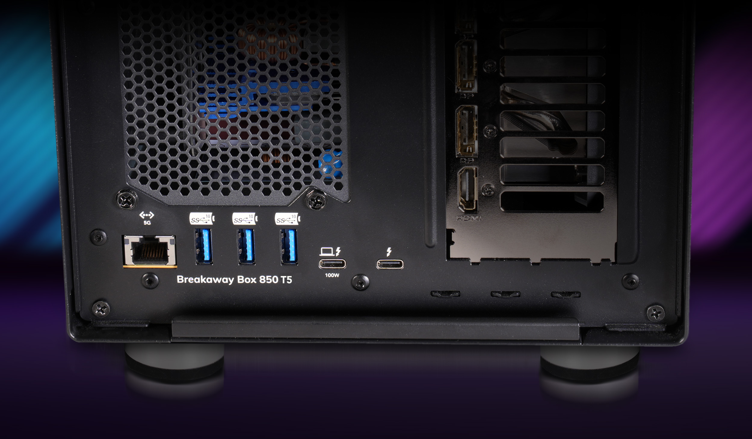 Breakaway Box 850T5 rear ports: 5GbE port, three USB 3.2 Gen 2 (10 Gbps) Type A ports, Thunderbolt host computer port, and Thunderbolt peripheral port.
