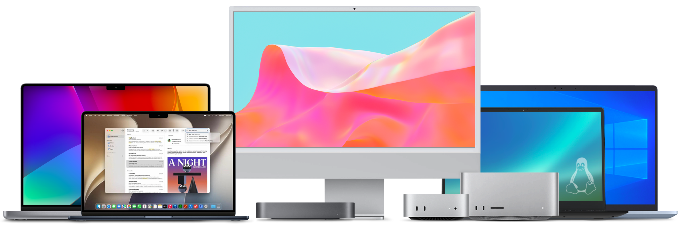 Group of Macs, Windows, and Linux computers.