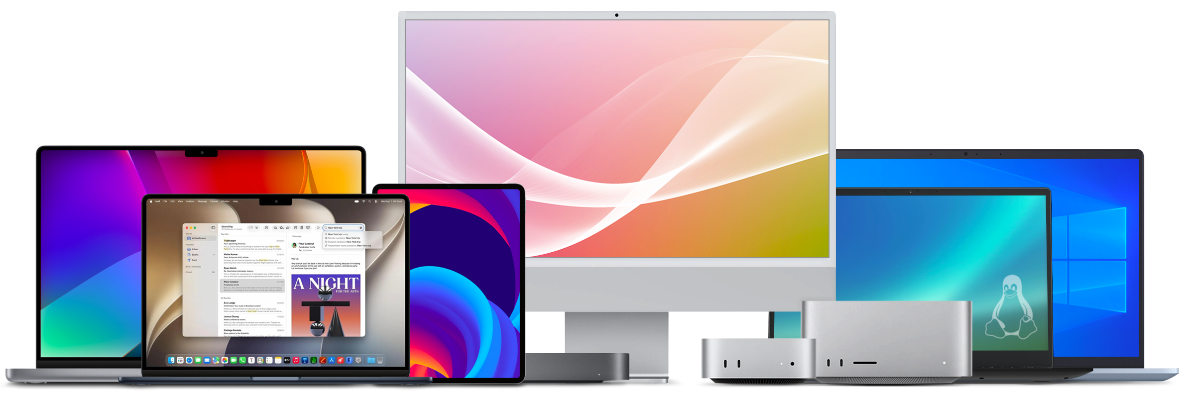 Group of Macs and iPad Pro, and Windows and Linux computers.