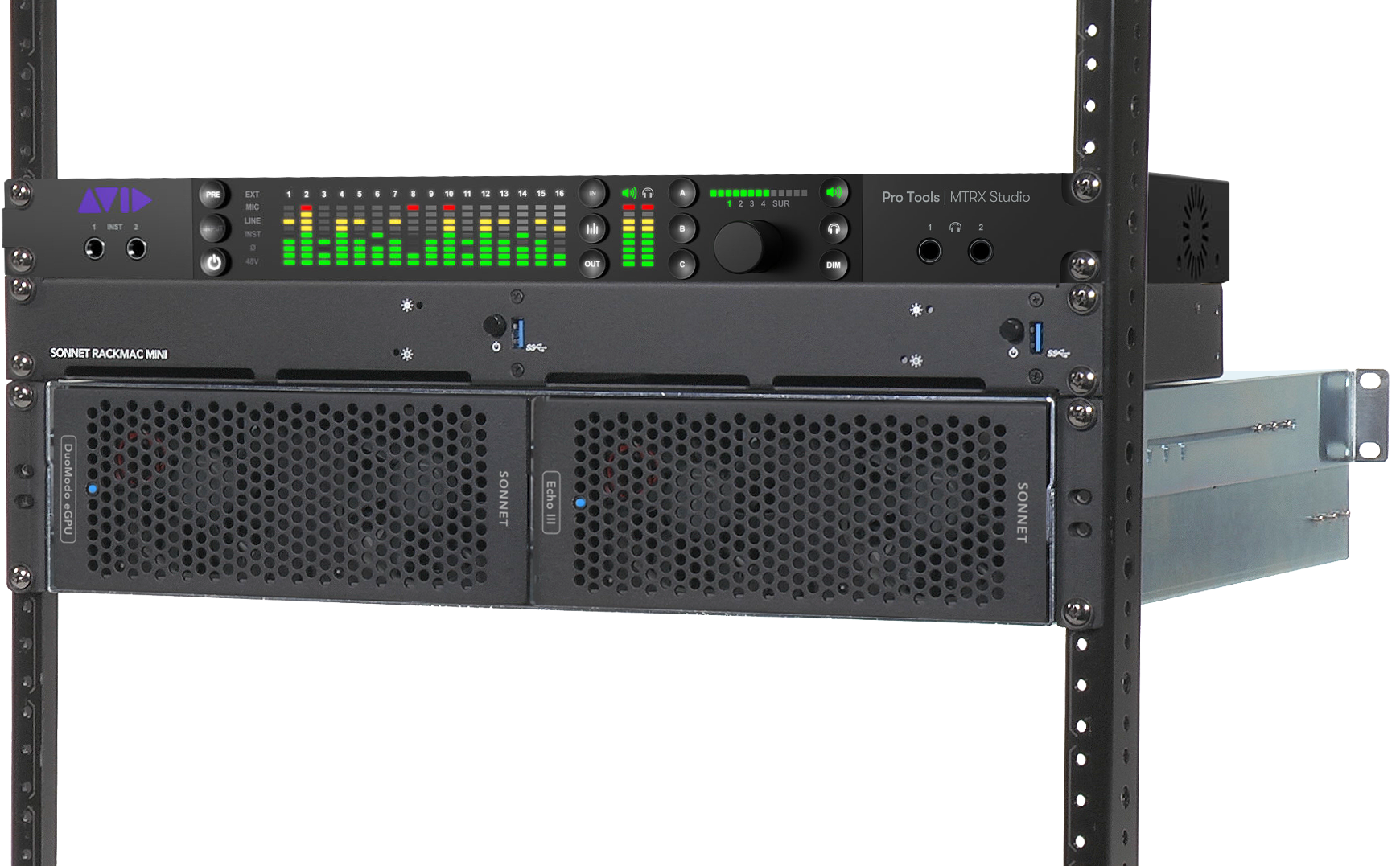 DuoModo eGPU+Echo III Rackmount System with RackMac mini Installed In Rack Rails