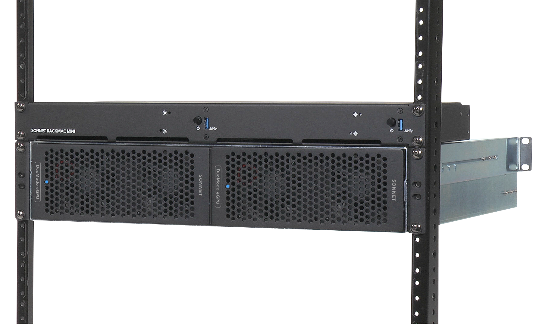 DuoModo eGPU+eGPU Rackmount Sytem with RackMac mini Installed In Rack Rails