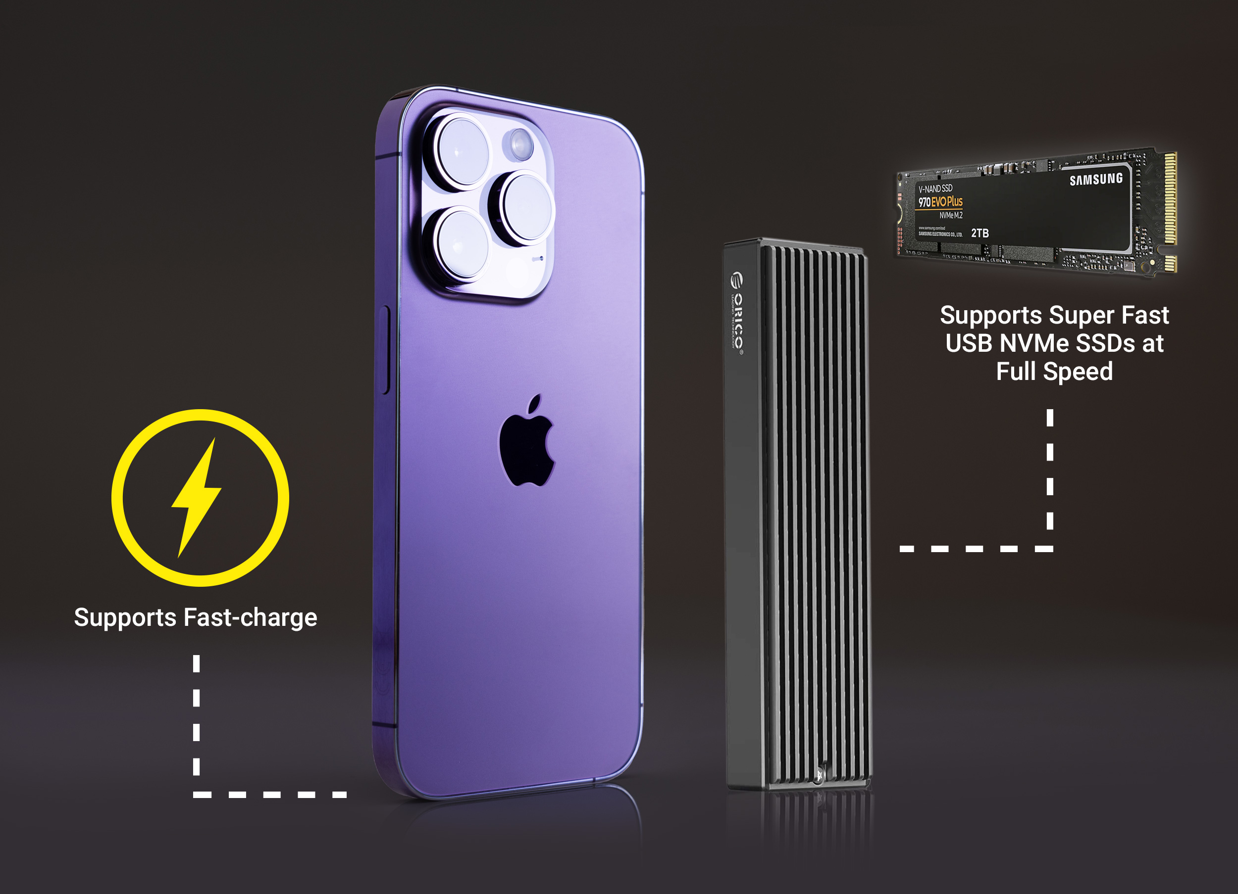 iPhone with Fast-charge Icon and M.2 NVMe SSD with Enclosure