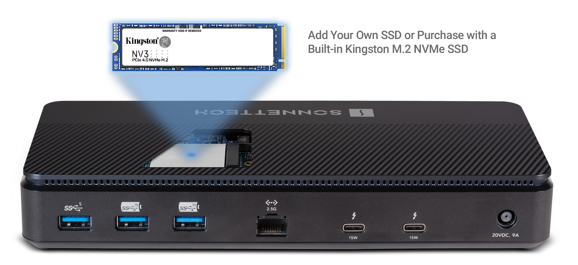Front view of Echo 13 Thunderbolt 5 SSD Dock with NVMe SSD module shown above it.