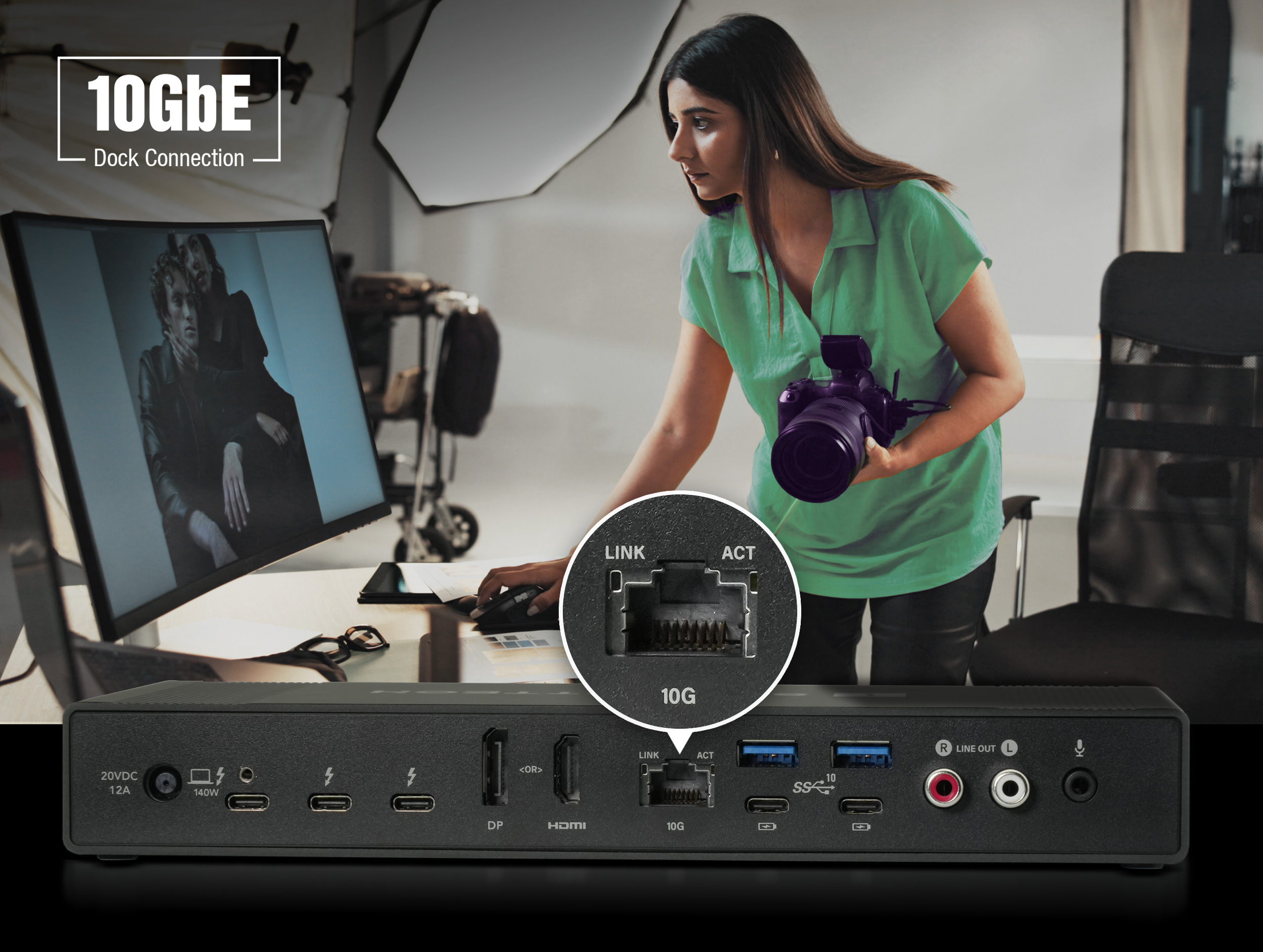 Photographer in studio setting downloading large files over a network. Echo 20 SecureDock shown large in foreground with emphasis on 10GbE port.