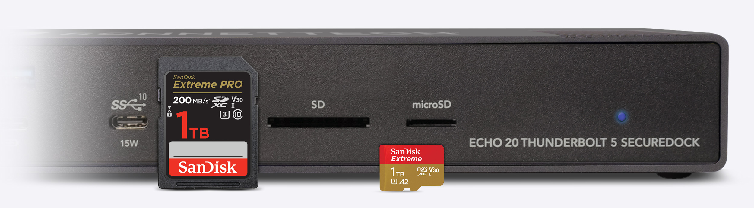 Front of Echo 20 SecureDock with emphais on SD and microSD card slots.