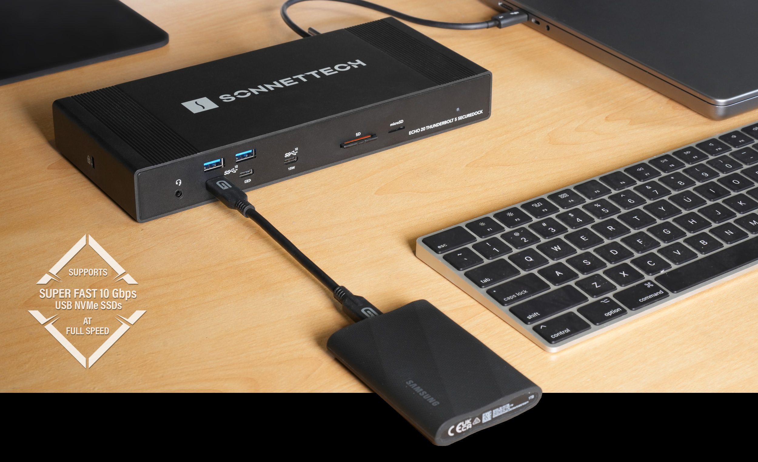Portable SSD connected to front USB-C port on Echo 20 SecureDock.