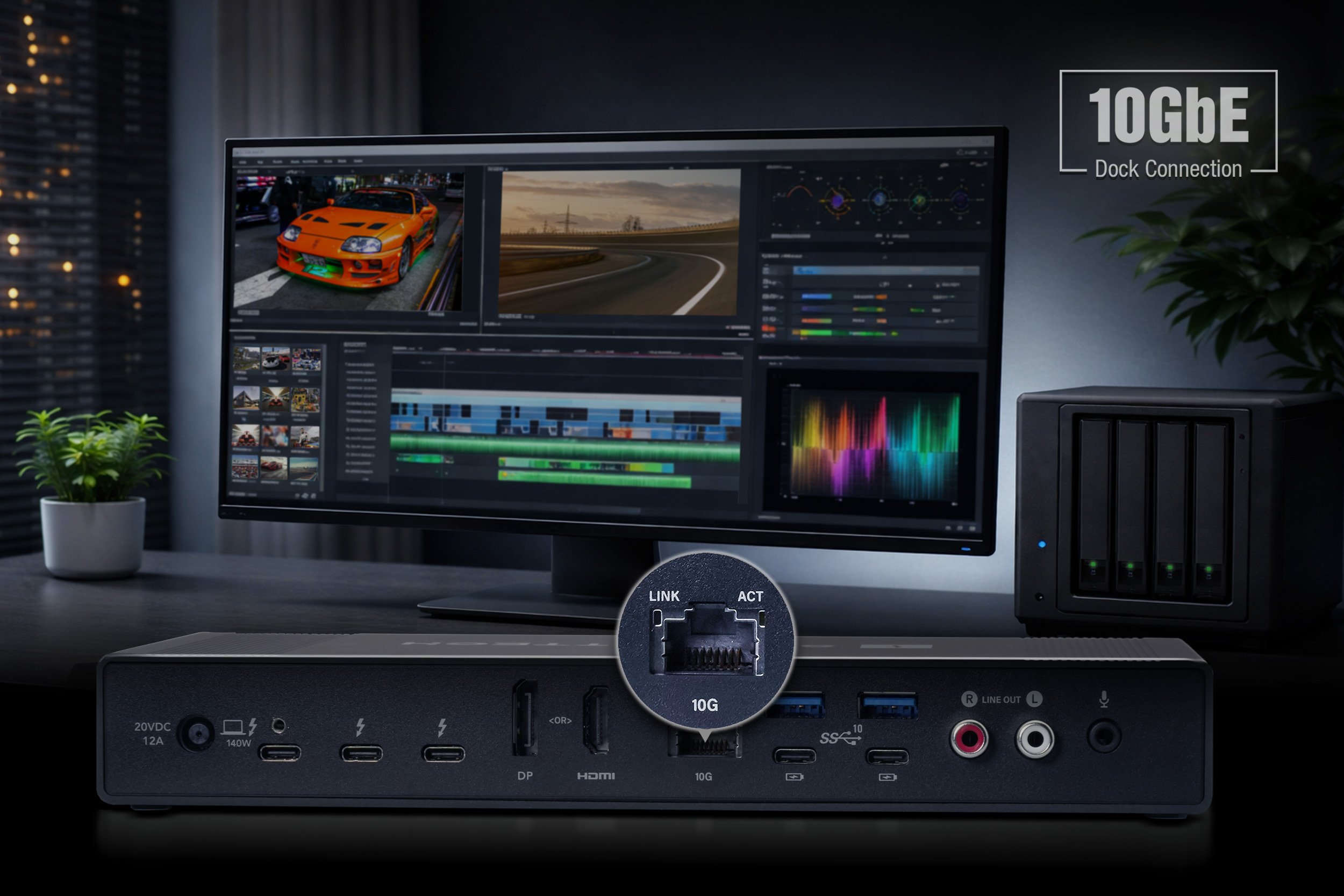 Echo 21 Thunderbolt 5 SuperDock in video editing setting with emphasis on 10GbE port.