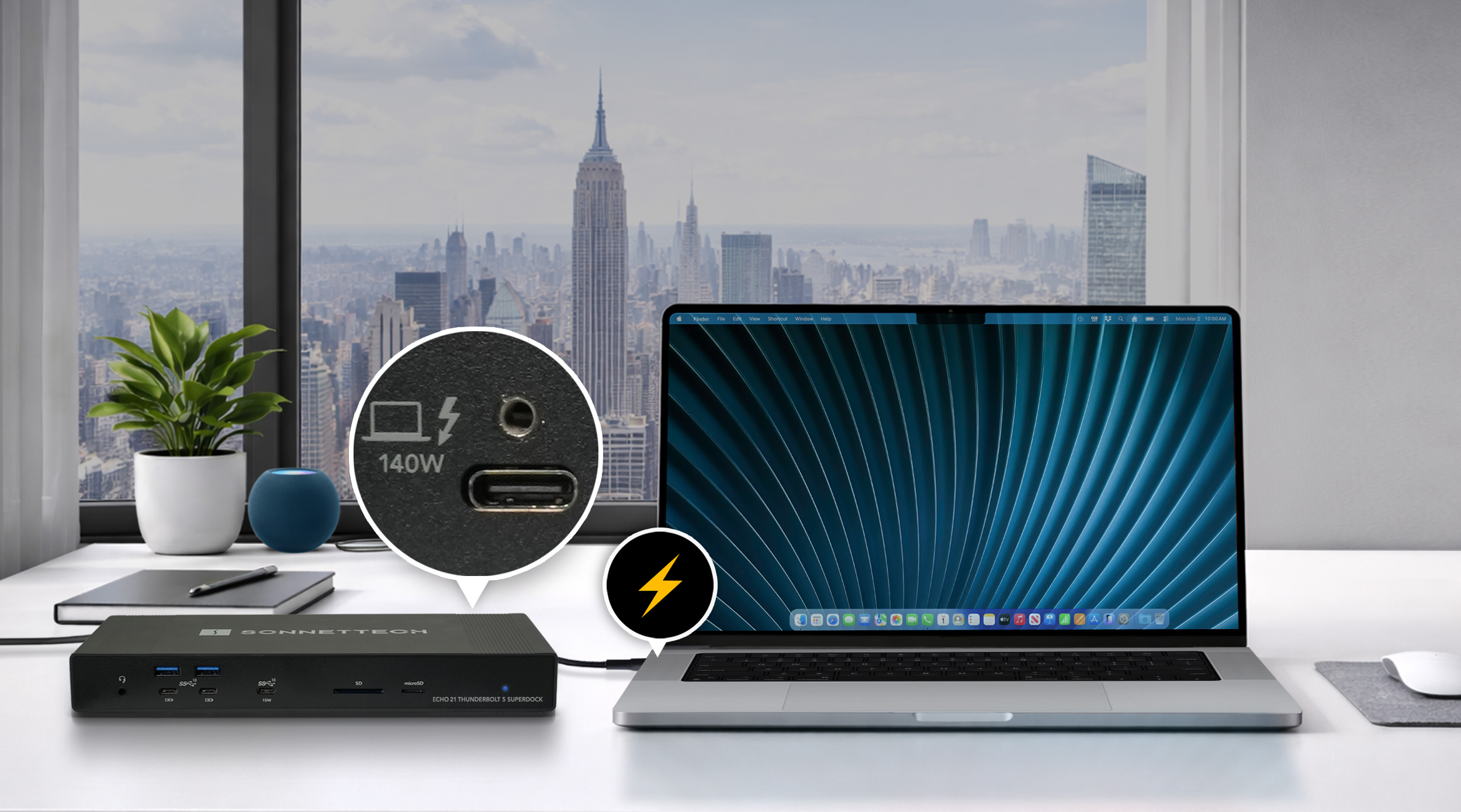 Echo 21 Thunderbolt 5 SuperDock connected to computer with emphasis on 140W Thunderbolt charging port.