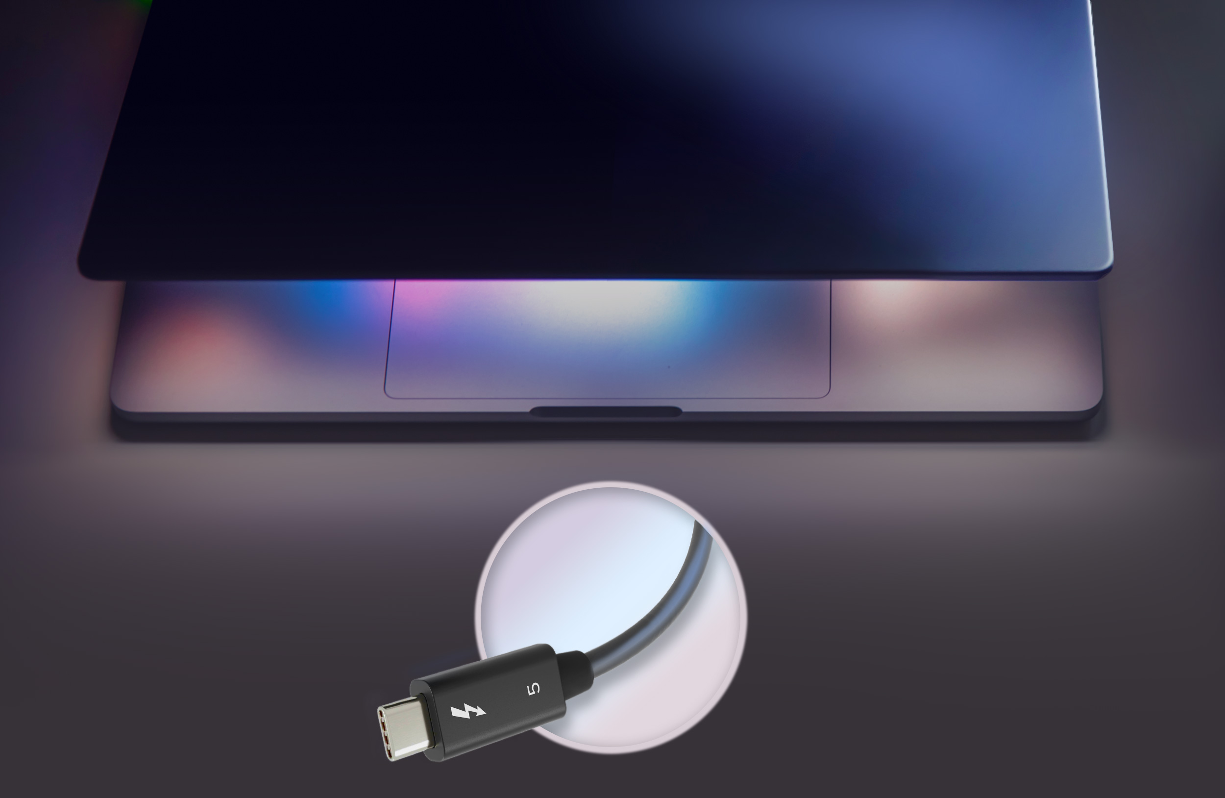 MacBook Pro with Thunderbolt 5 cable.