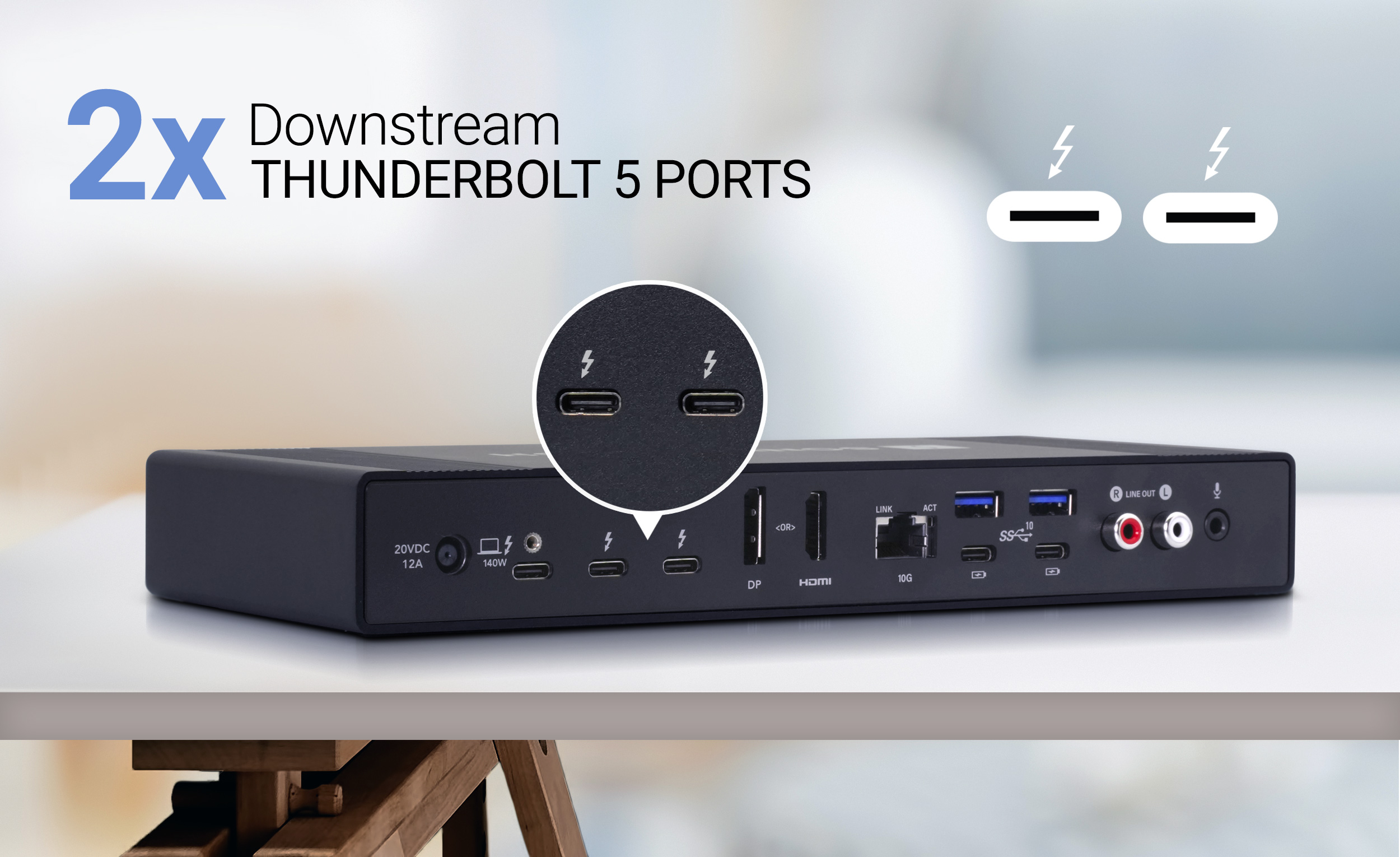 Rear view of Echo 21 Thunderbolt 5 SuperDock with emphasis on Thunderbolt 5 ports.