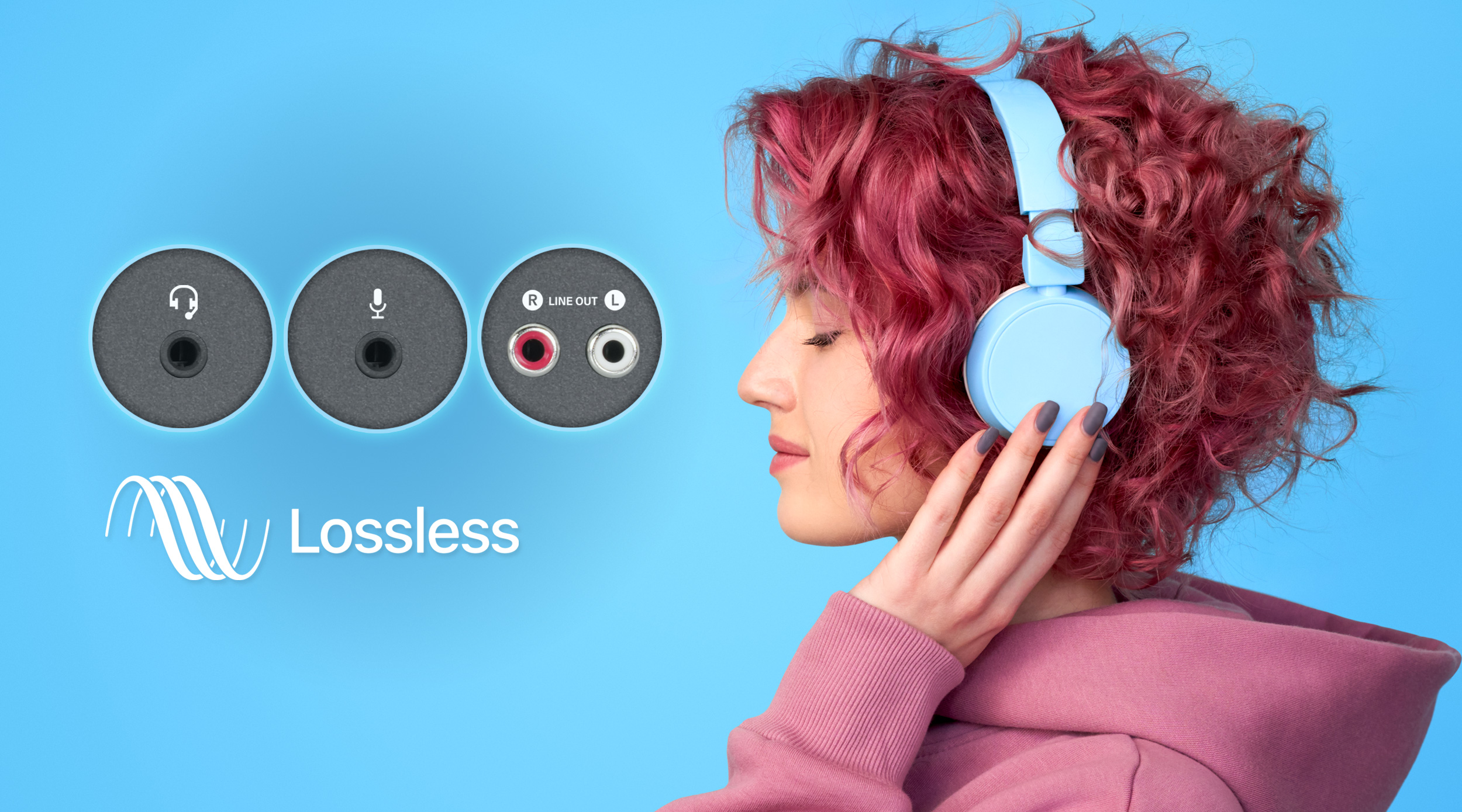 Woman with headphones listening to Lossless audio.