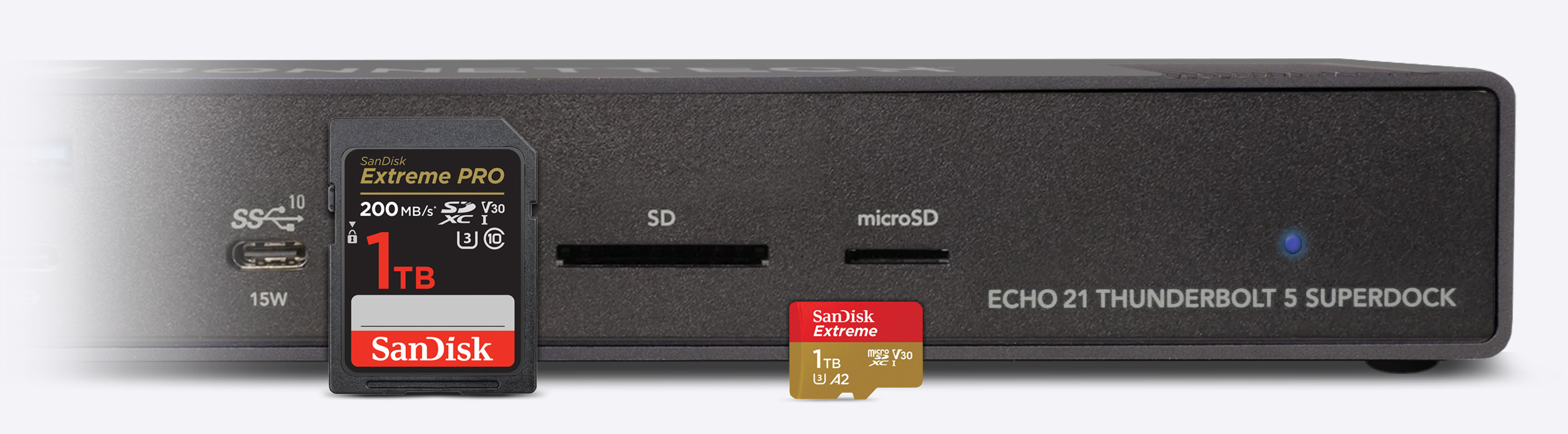 Front of Echo 21 Thunderbolt 5 SuperDock with emphasis on SD and microSD card slots.