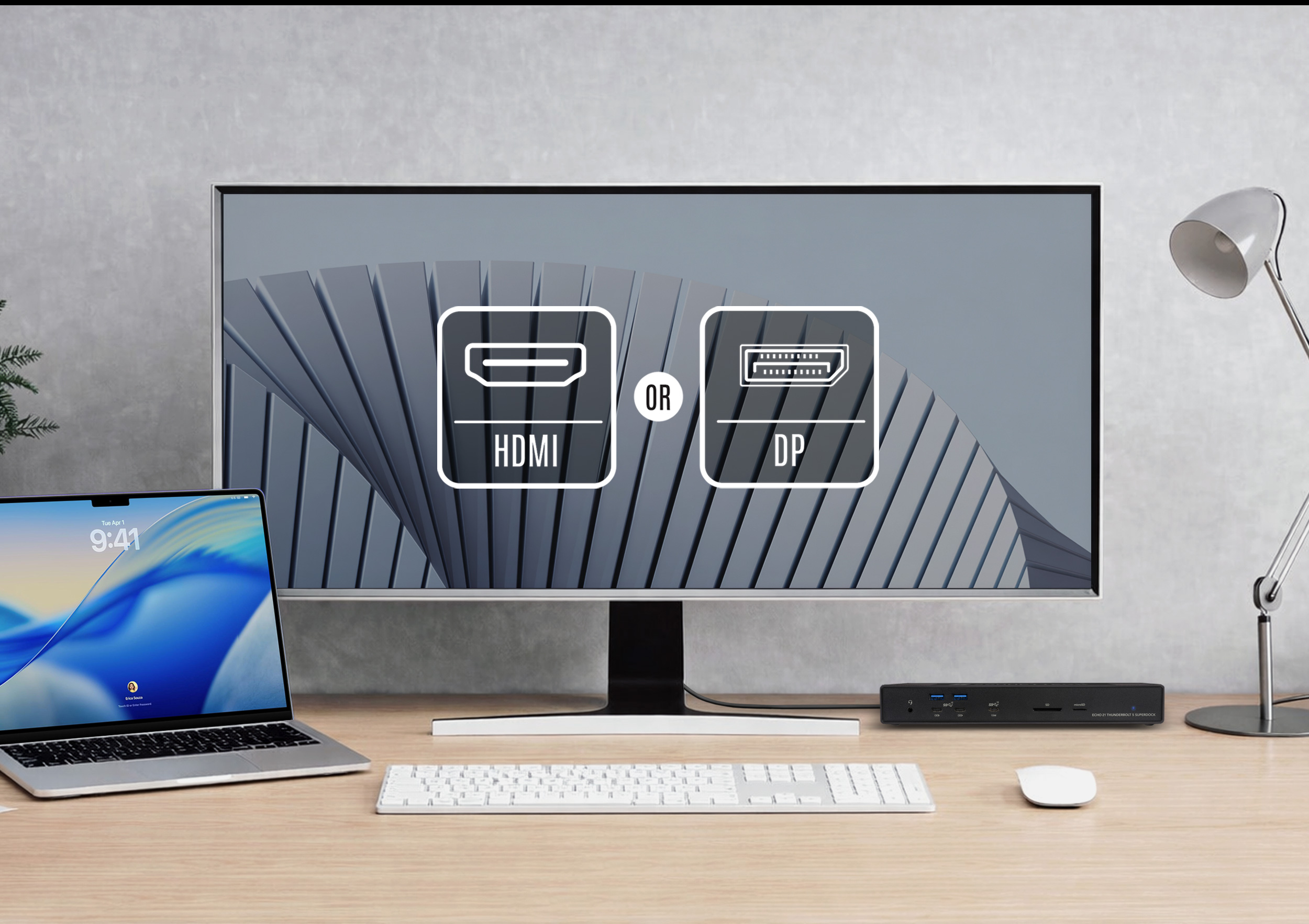 Echo 21 Thunderbolt 5 SuperDock connected to computer and display.