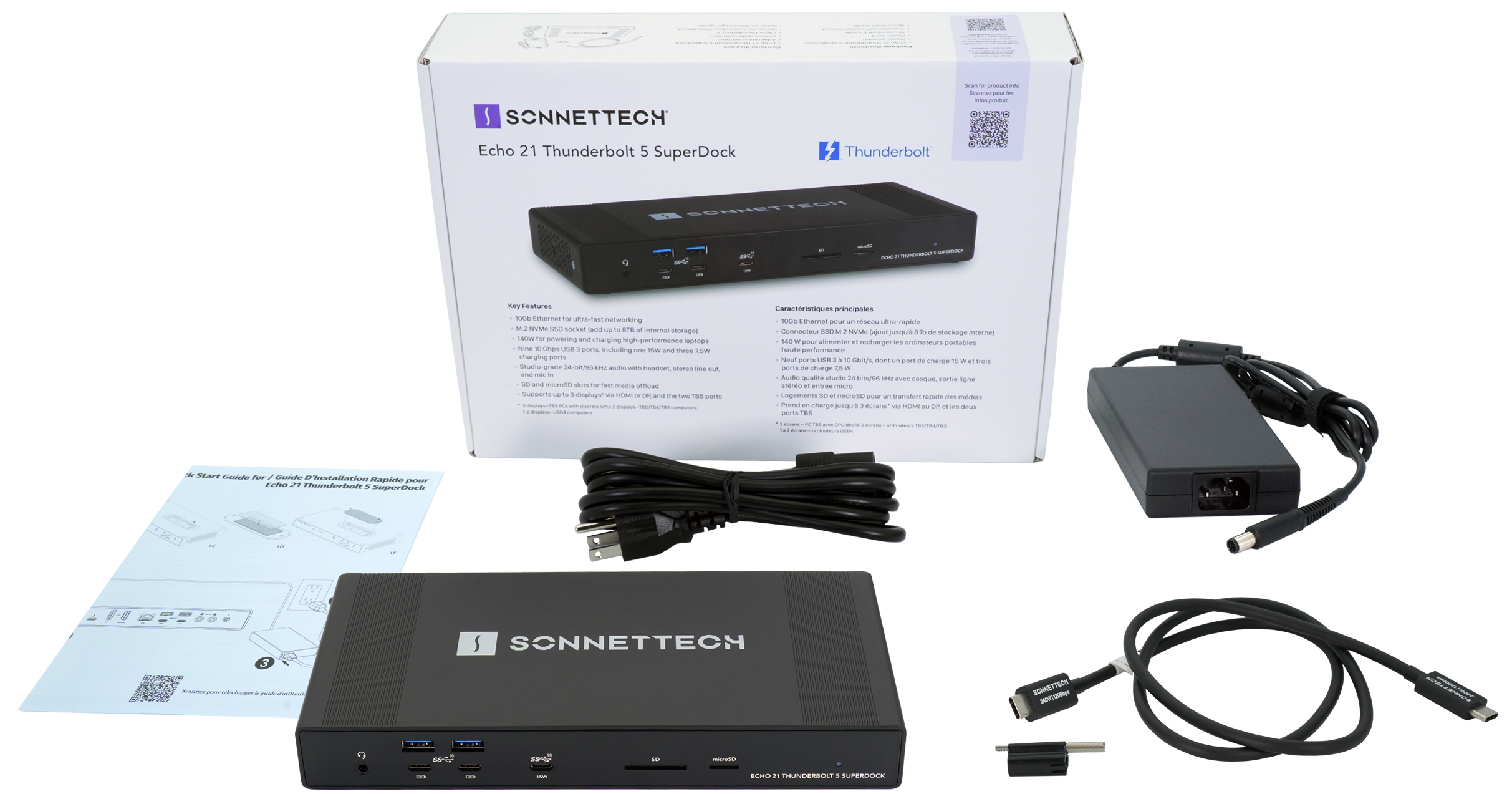 Echo 21 Thunderbolt 5 SuperDock packaging contents.