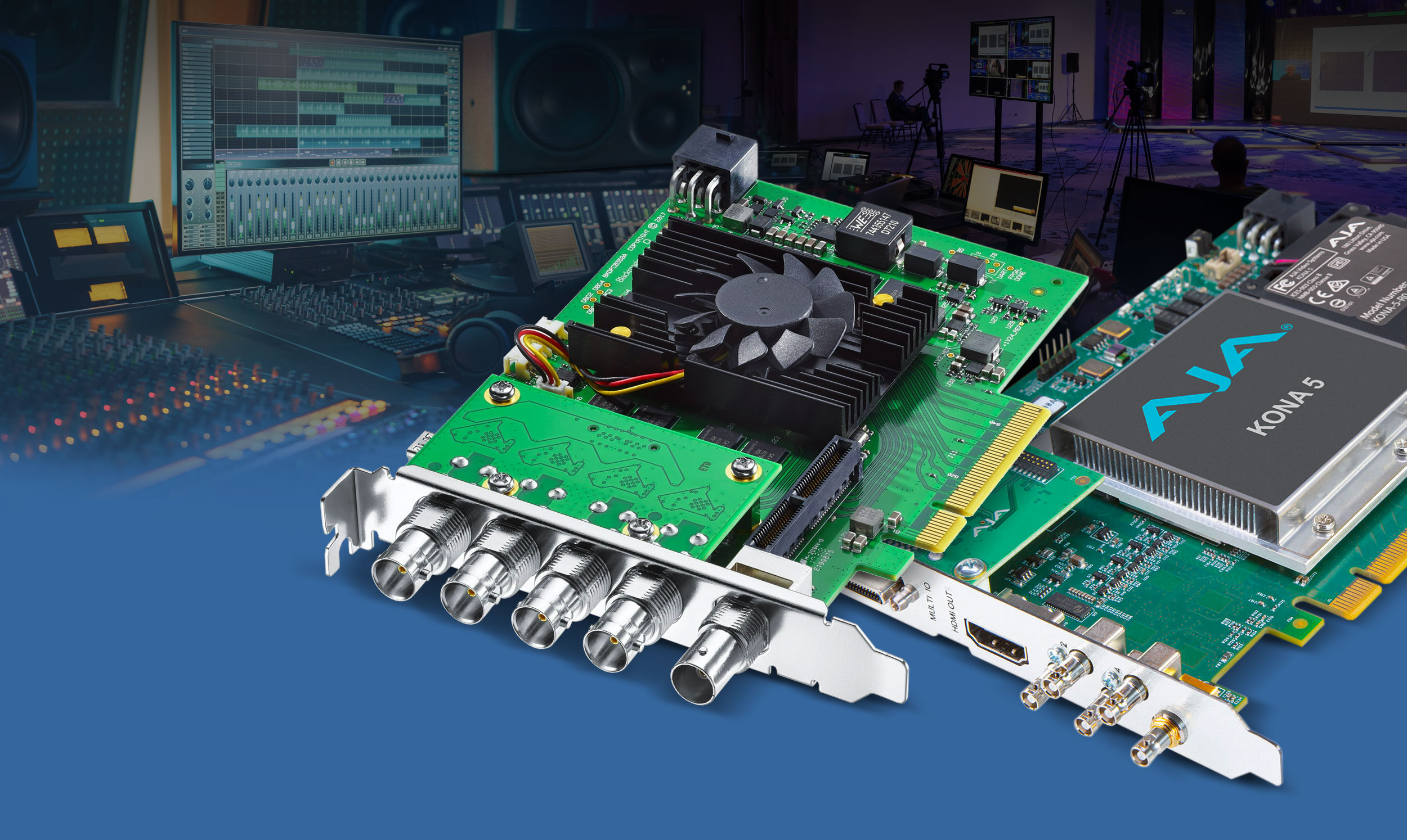 Two High-bandwidth PCIe Cards with Broadcast Studio In Background