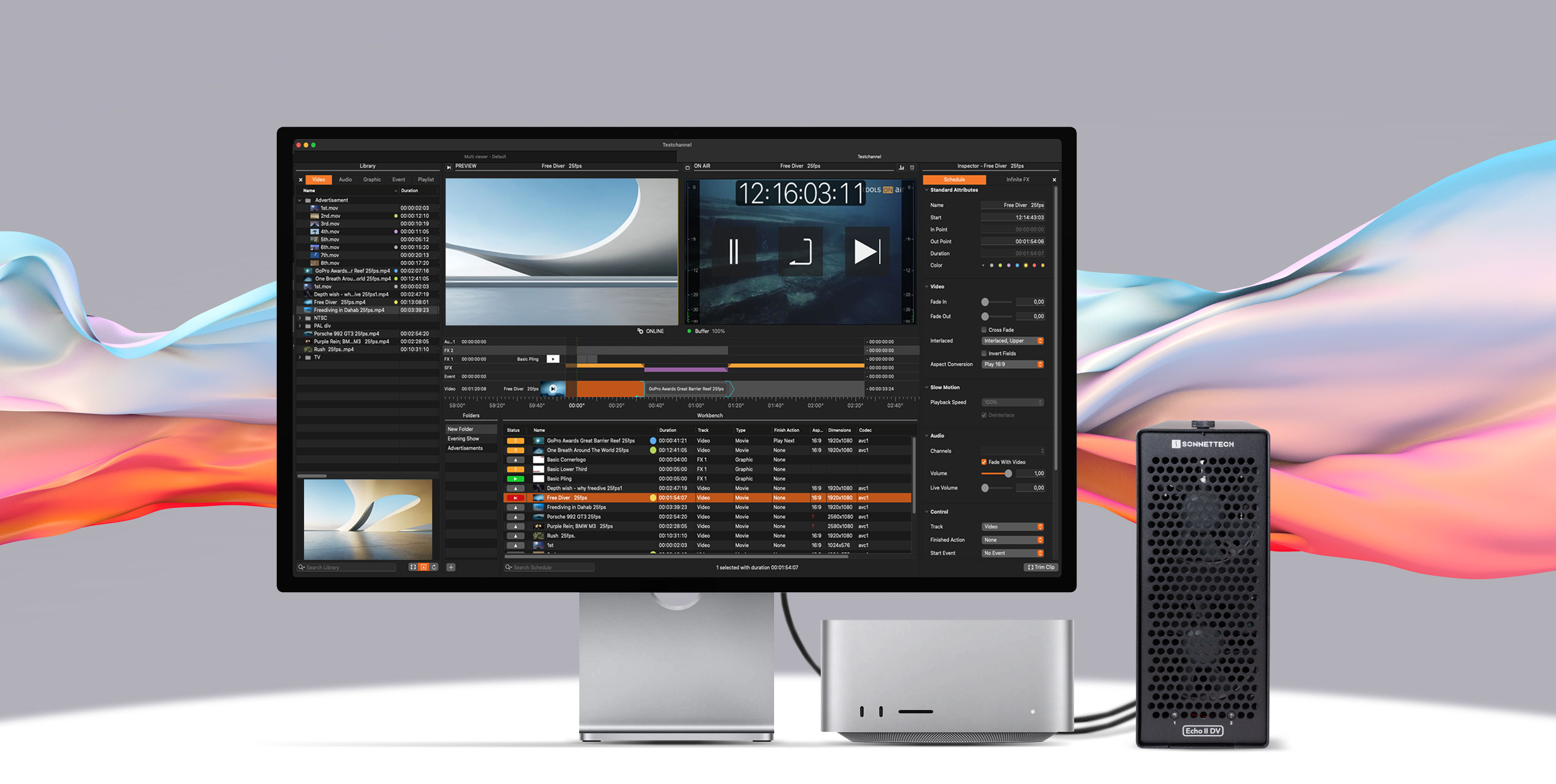 Mac mini connected to Apple Pro Display XDR and Echo II DV T5 Rackmount.