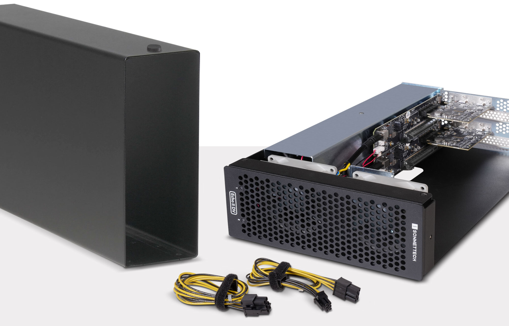 Echo II DV T5 Rackmount enclosure shown with module and two auxiliary power cables next to it.