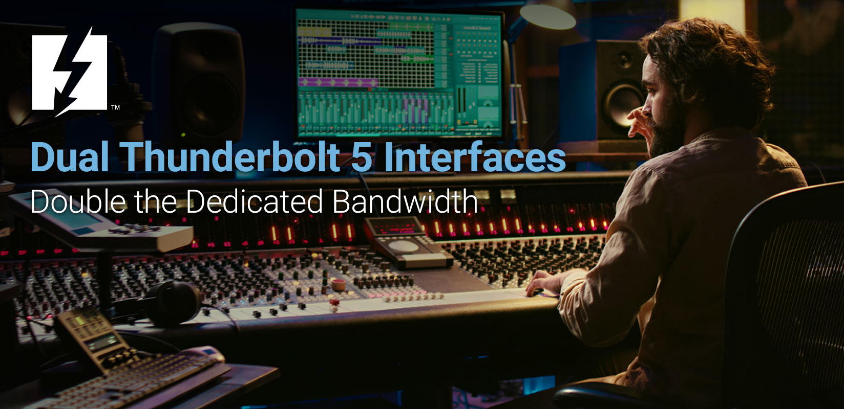 Headline: Dual Thunderbolt 5 Interfaces. Double the Dedicated Bandwidth. Background image shows video editor in studio.