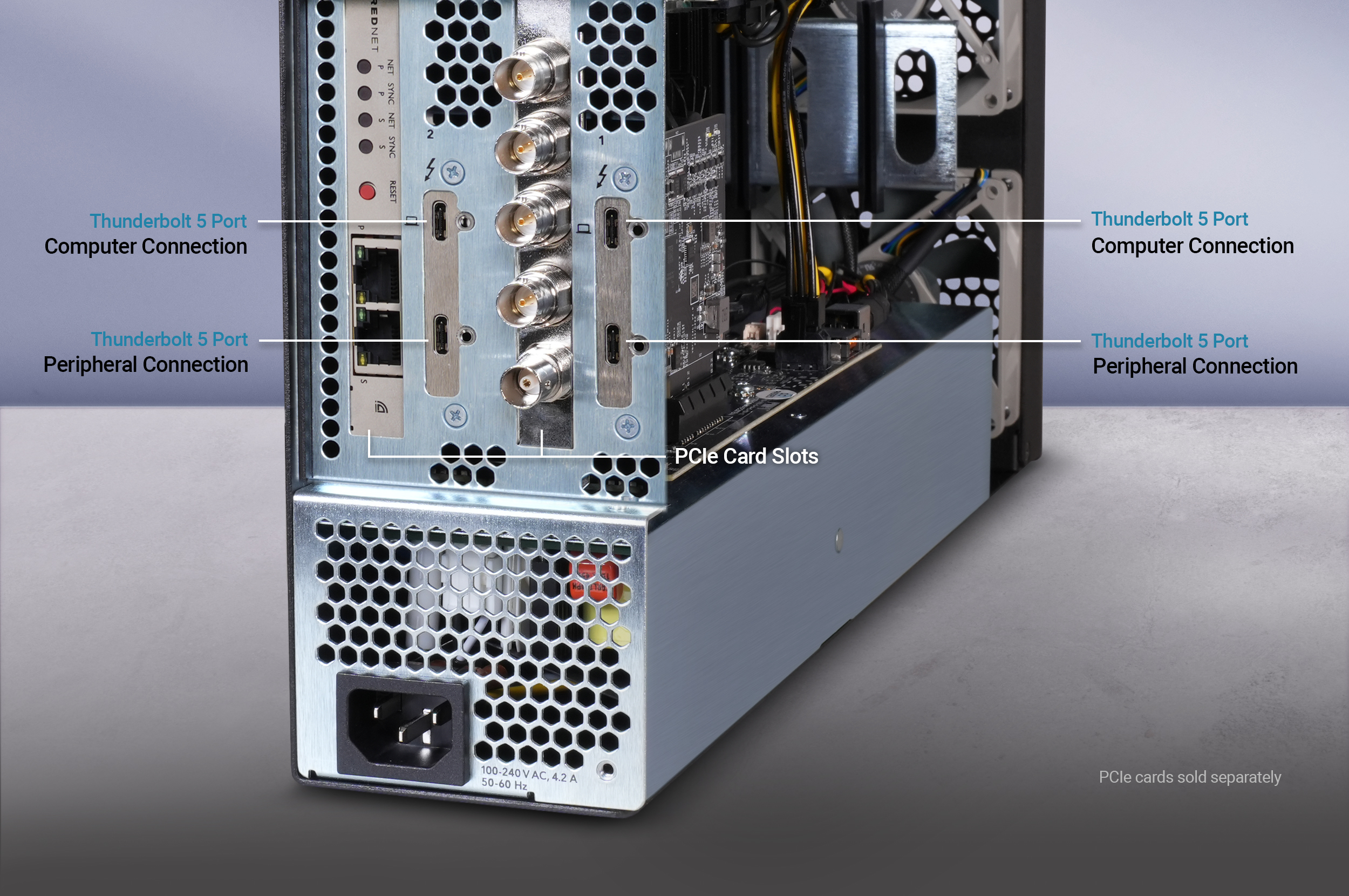 Rear view of Echo II DV T5 Rackmount showing the back panel PCIe card slots and Thunderbolt 5 ports.
