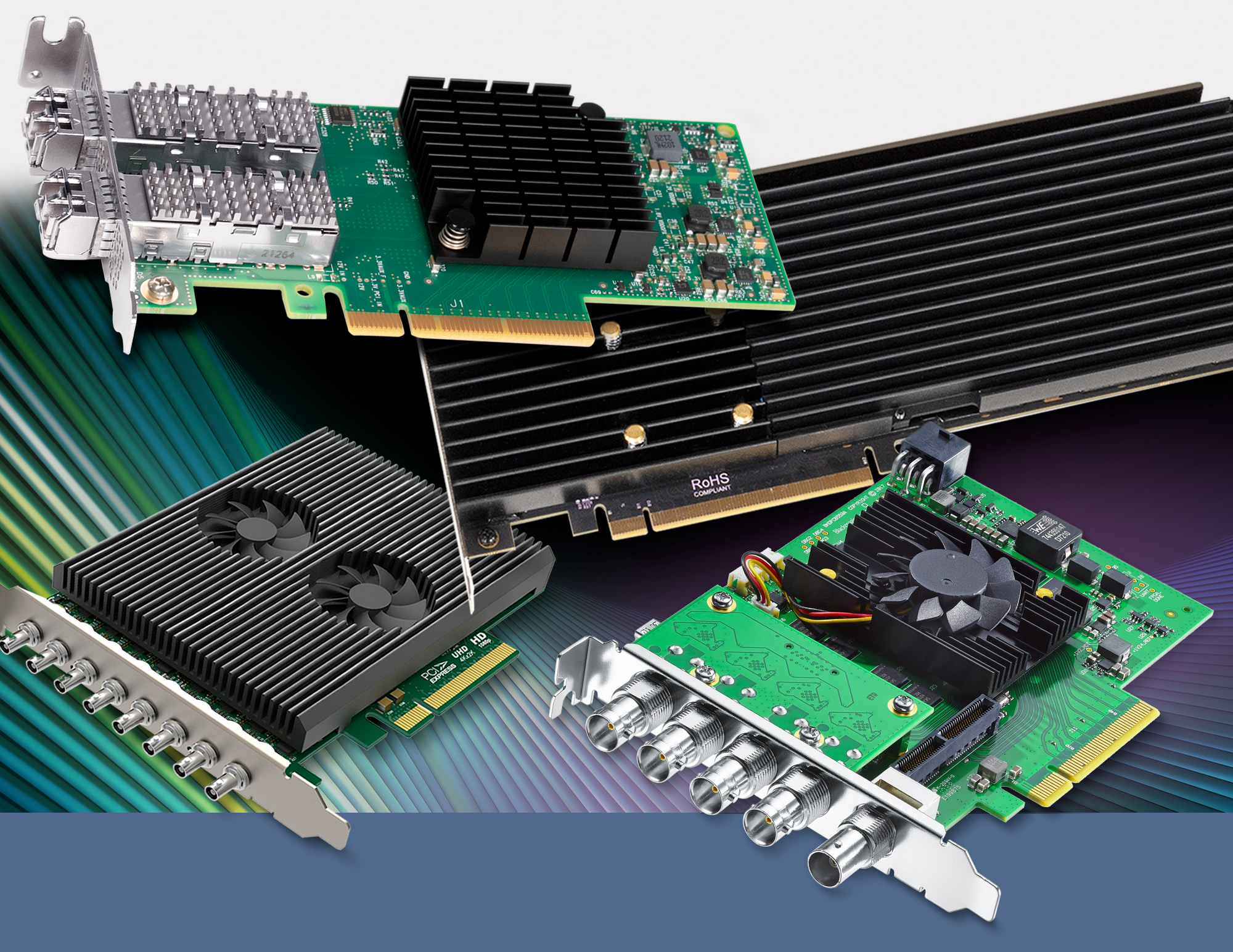 Group of video and audio PCIe cards.