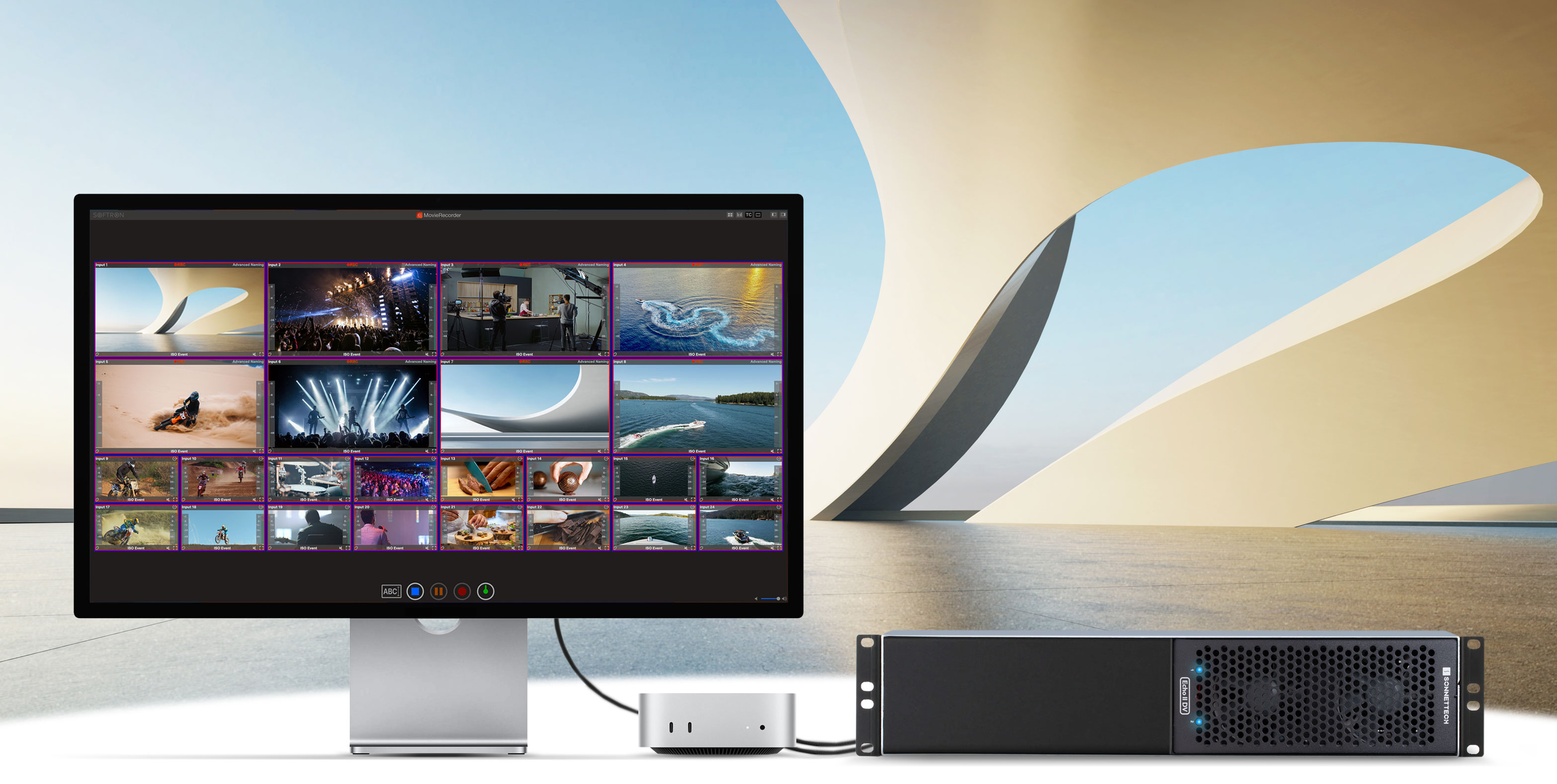 Mac mini connected to Apple Pro Display XDR and Echo II DV T5 Rackmount.