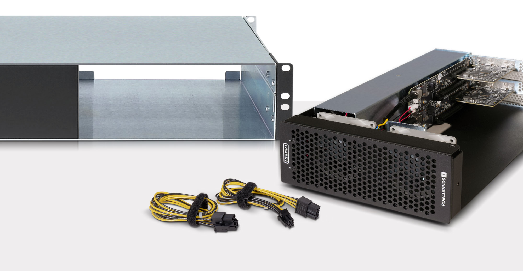 Echo II DV T5 Rackmount enclosure shown with module and two auxiliary power cables next to it.