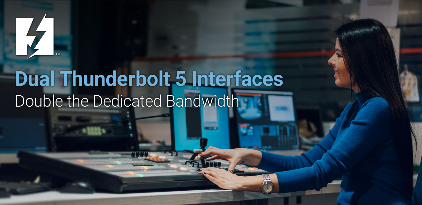 Headline: Dual Thunderbolt 5 Interfaces. Double the Dedicated Bandwidth. Background image shows video editor in studio.