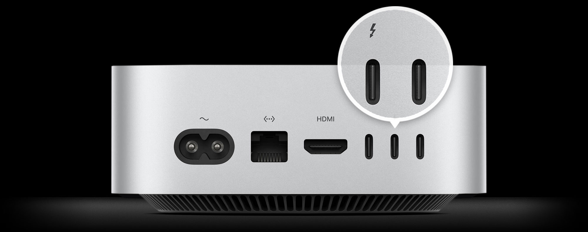 Thunderbolt 5 ports on rear of Mac mini.