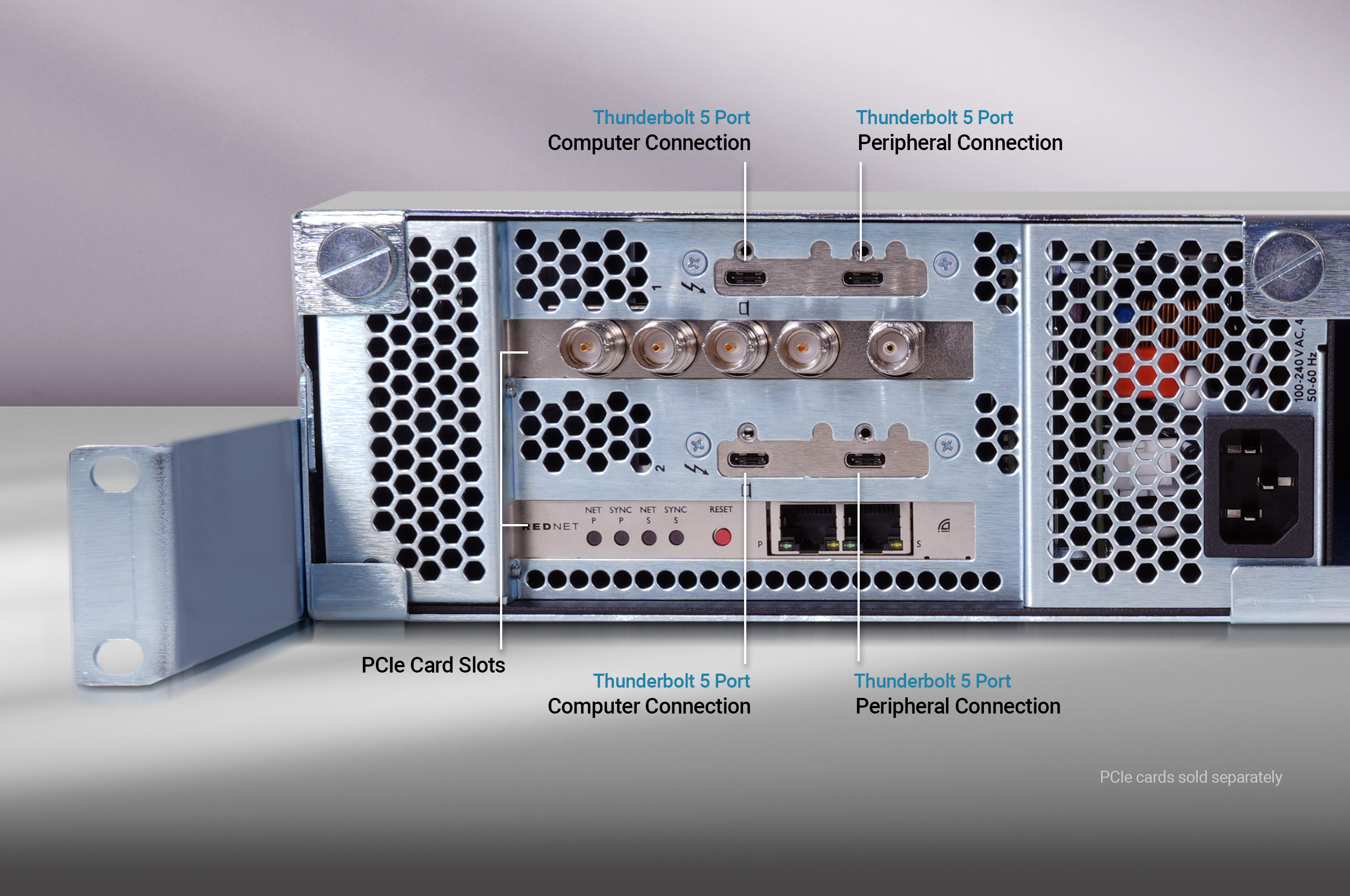 Rear view of Echo II DV T5 Rackmount showing the back panel PCIe card slots and Thunderbolt 5 ports.