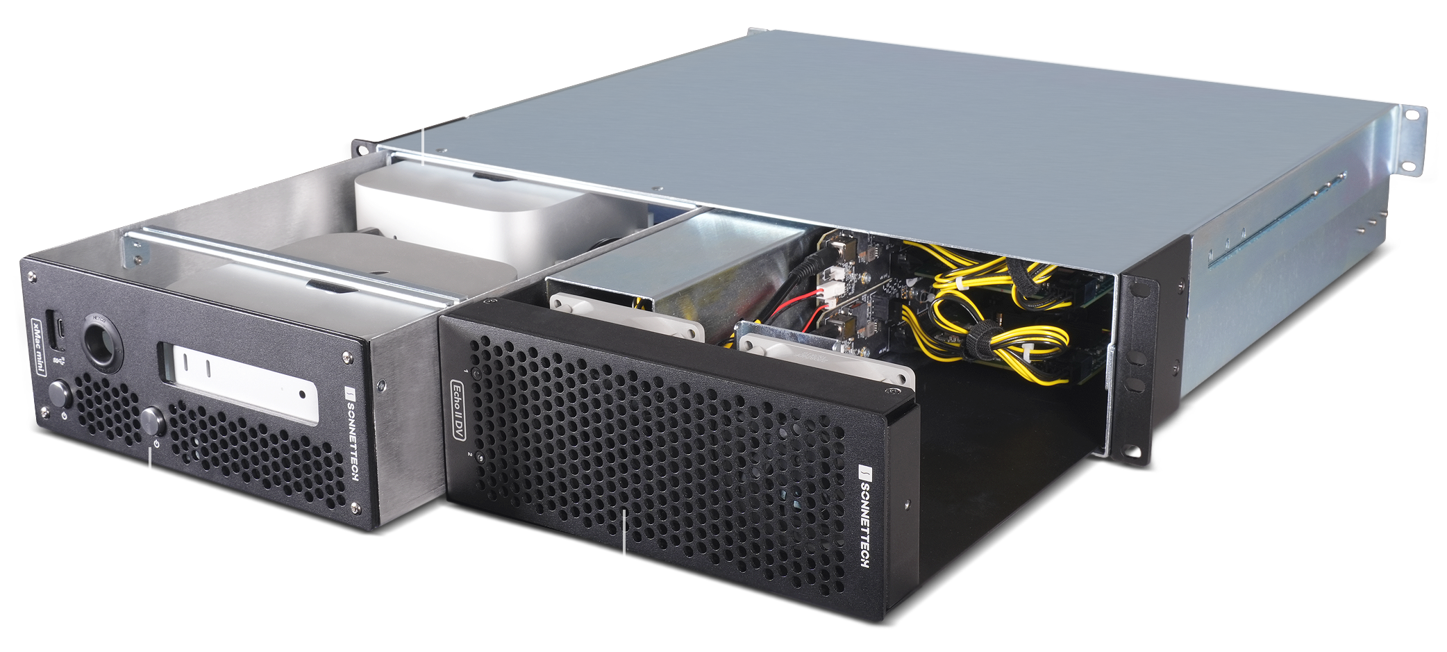 Front view of Echo II DV T5 Rackmount with xMac mini (2024+) and Echo II DV T5 Modules pulled out of enclosure half way.
