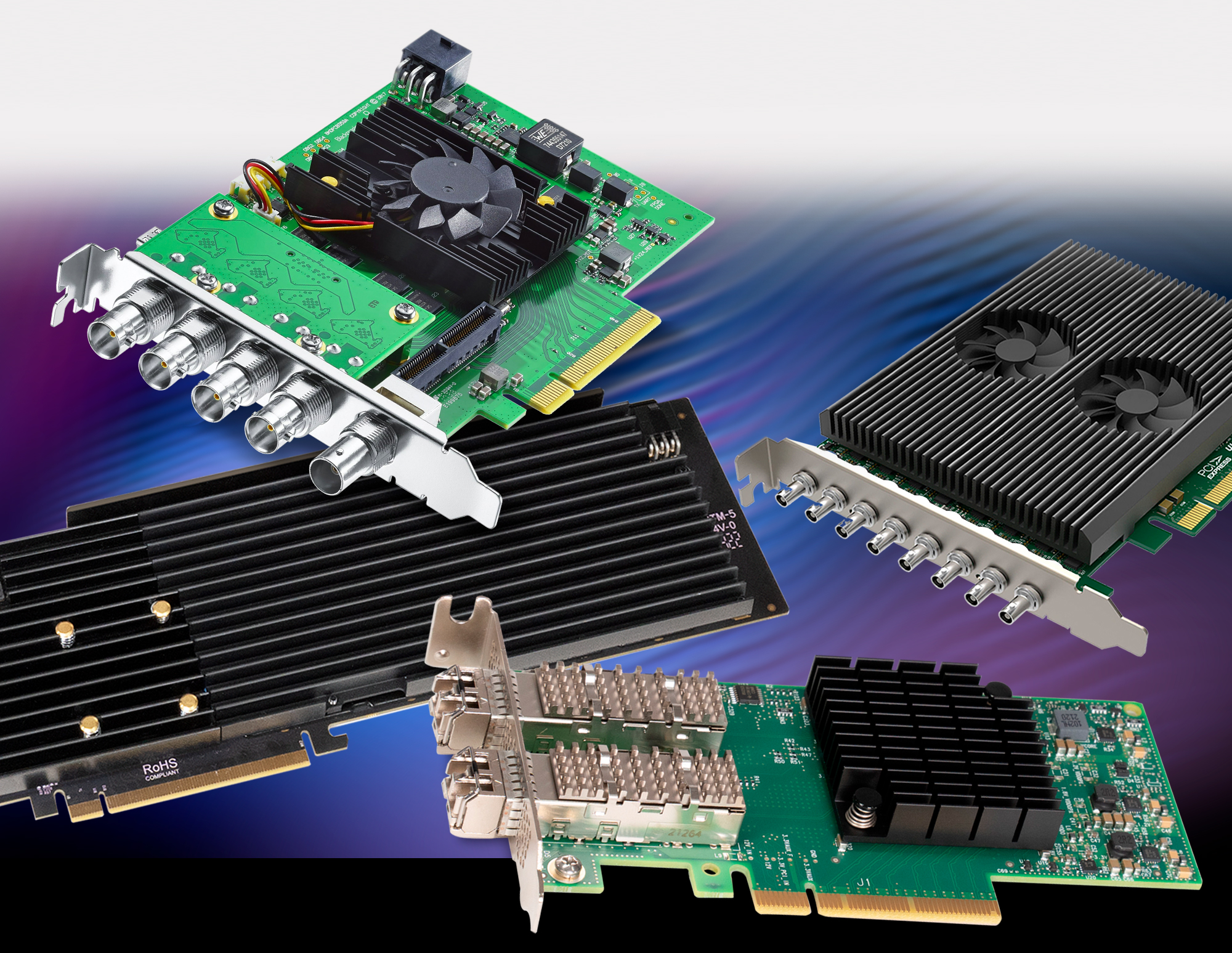 Group of video and audio PCIe cards.