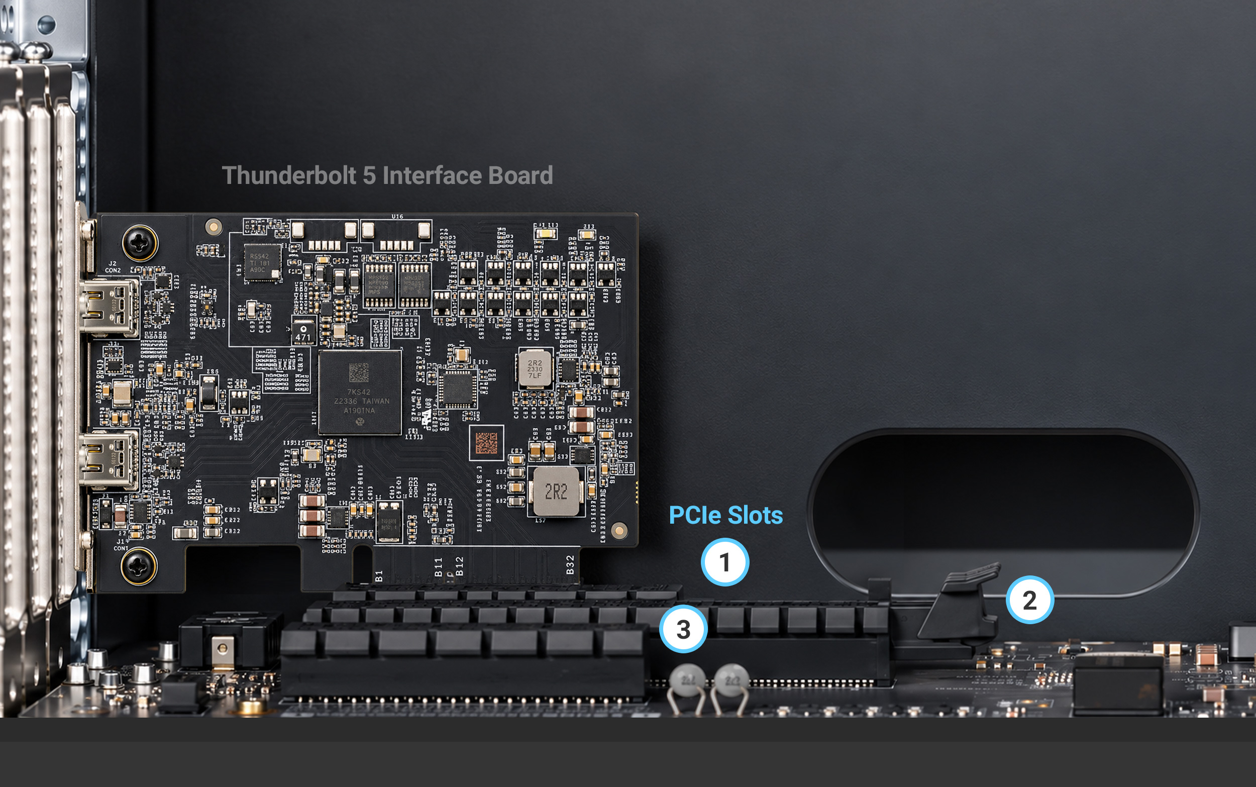 Interiror view of Echo III T5 Desktop showing Thunderbolt 5 interface board and three PCIe slots.