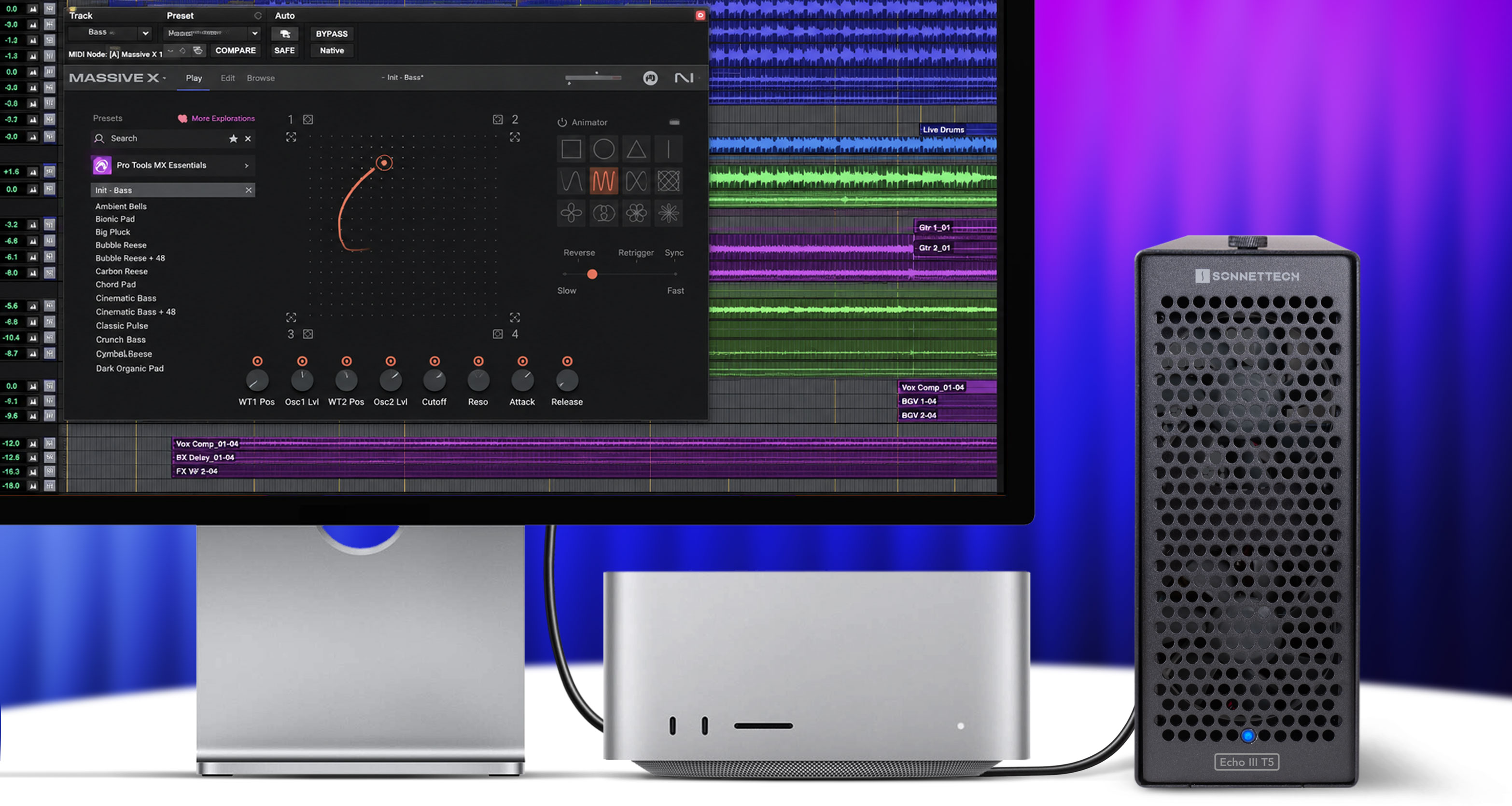 Echo III T5 Desktop connected to Mac Studio with Pro Tools software on display.