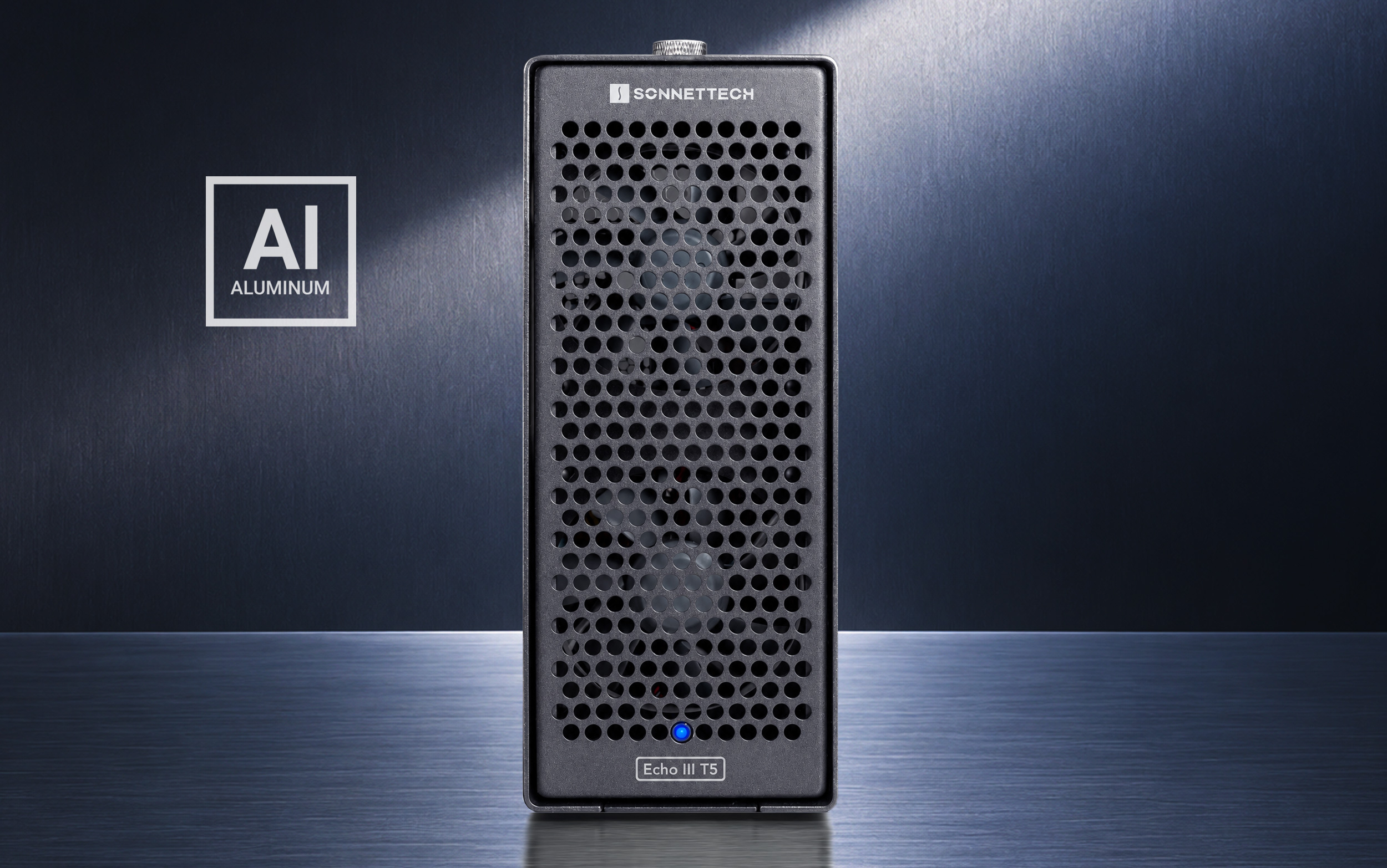 Straight on view of Echo III T5 Desktop on a metallic background.