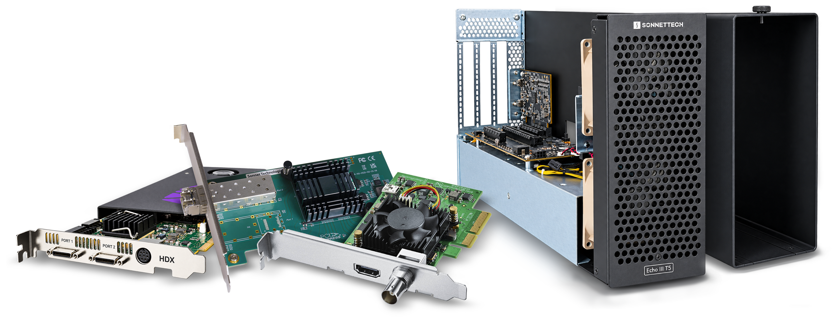 Echo III T5 Desktop shown open with three PCIe cards sitting next to enclosure.