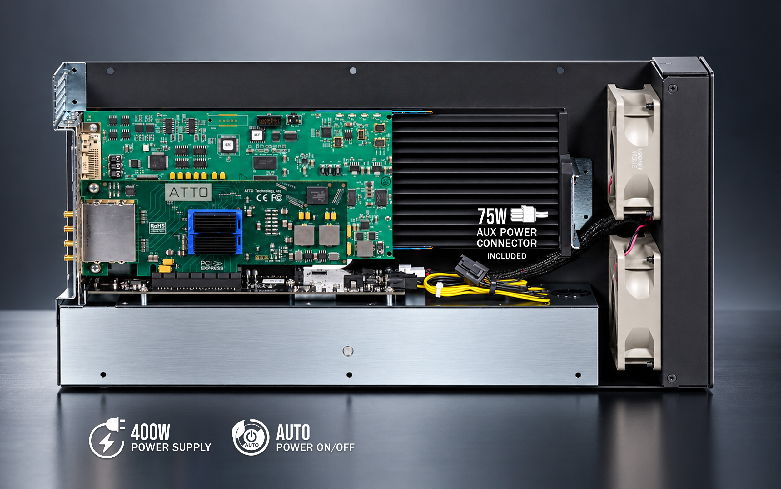 Interior view of Echo III T5 Desktop. Features 400W power supply, auto power on/off, and included 75W auxiliary power connector.