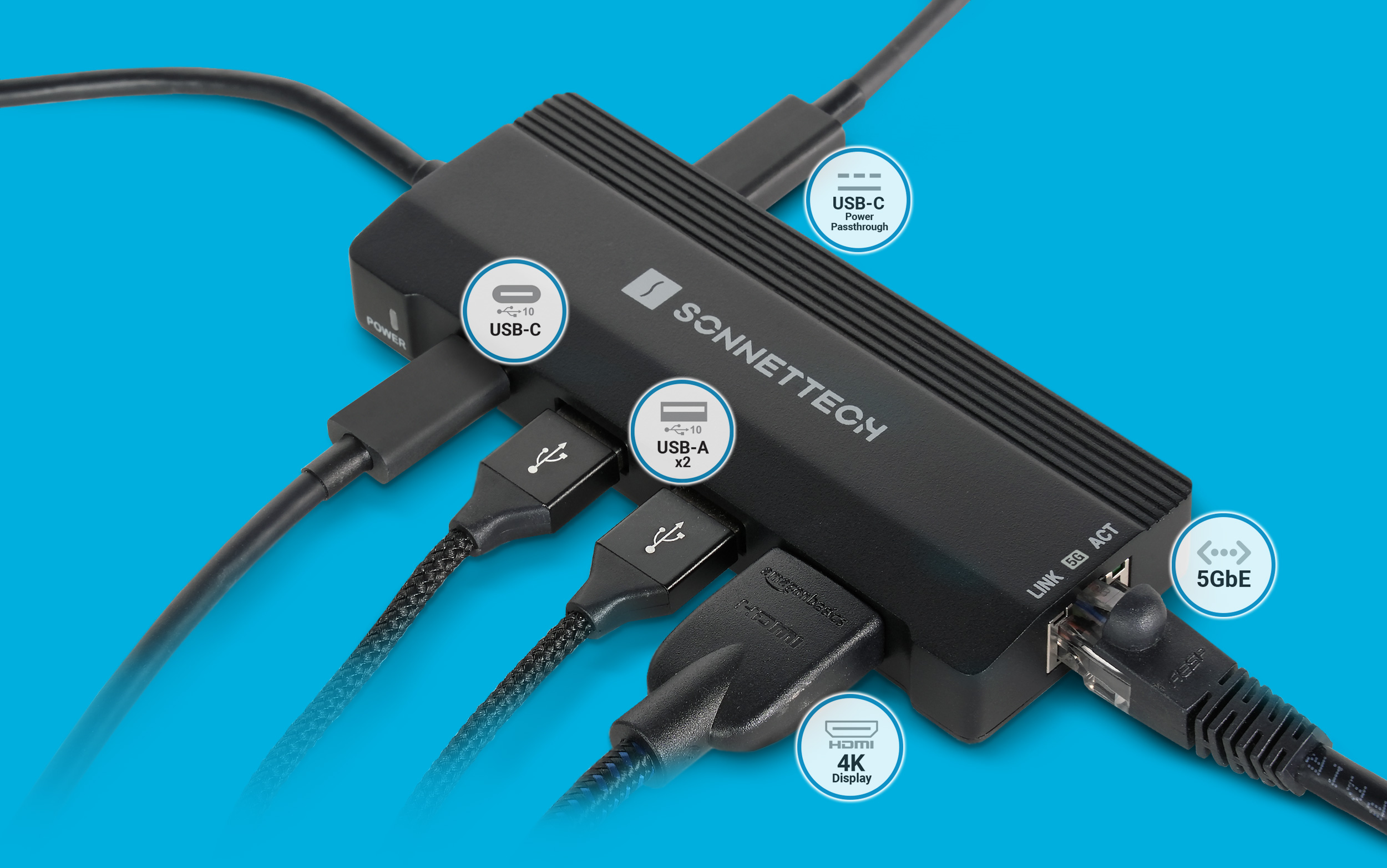 Top view of Echo 6 USB-C Multi Hub with cables connected to ports.