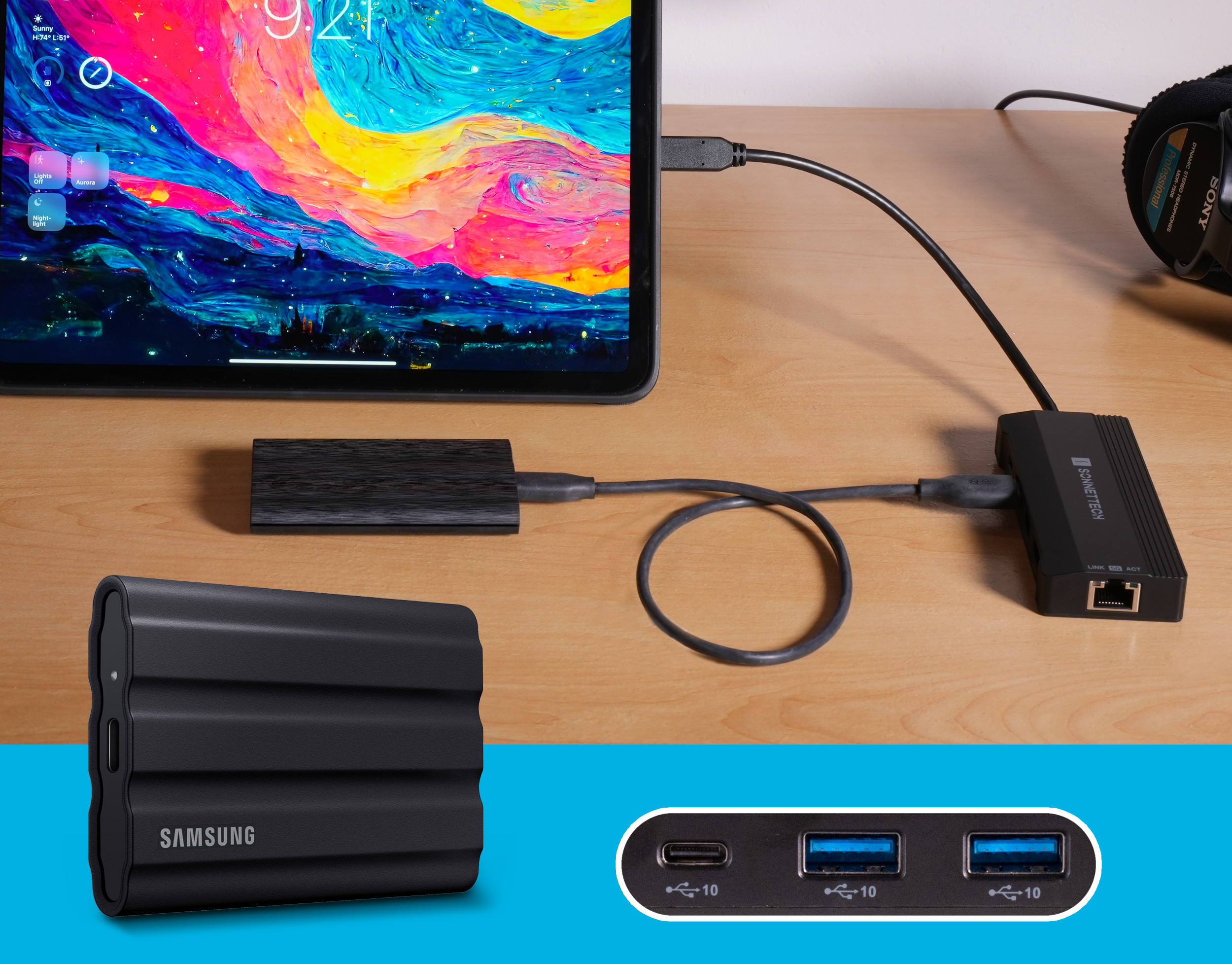 Echo 6 connected to iPad and portable external SSD drive.