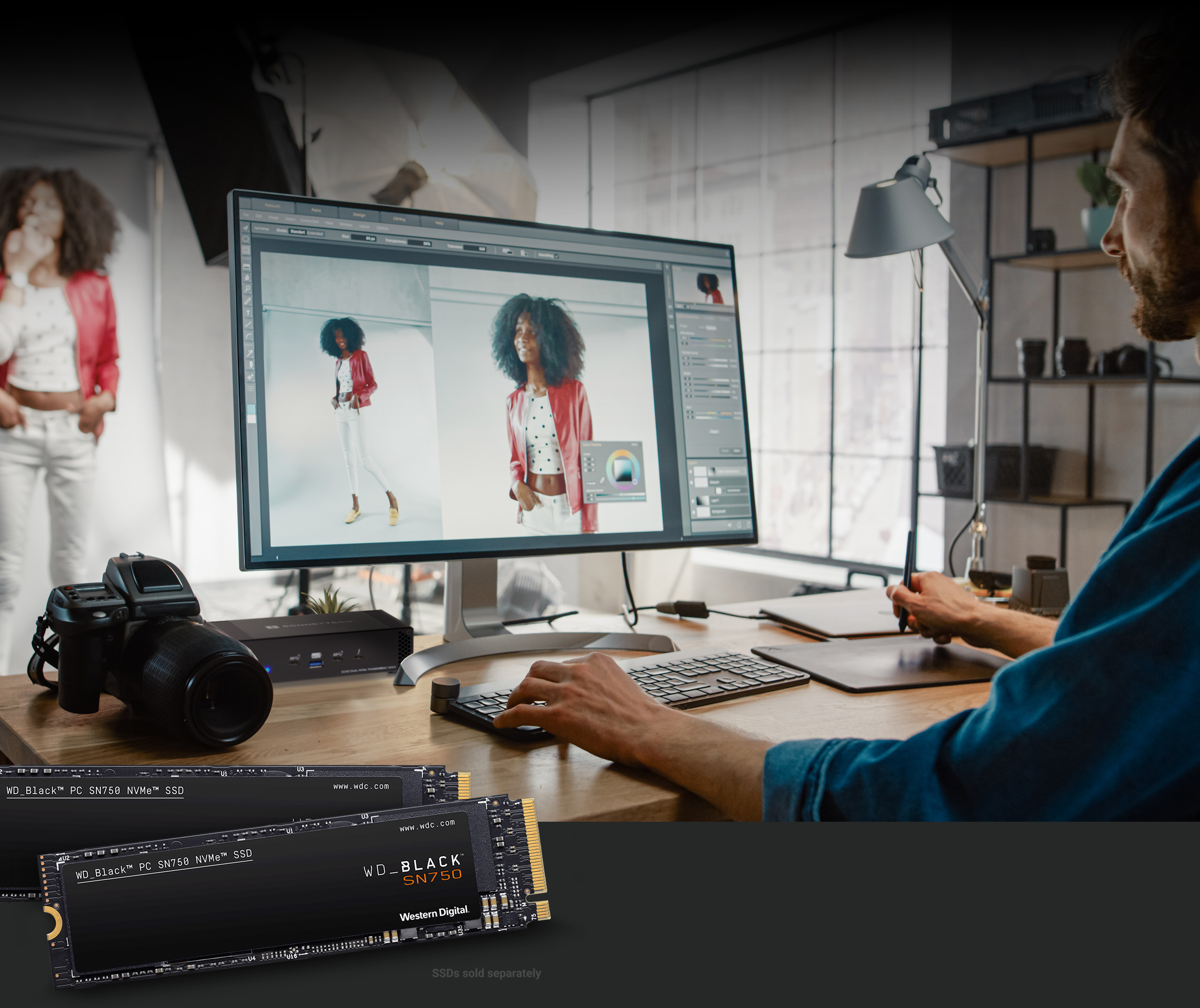 Photographer Working In Studio with Echo Dual NVMe Thunderbolt Dock