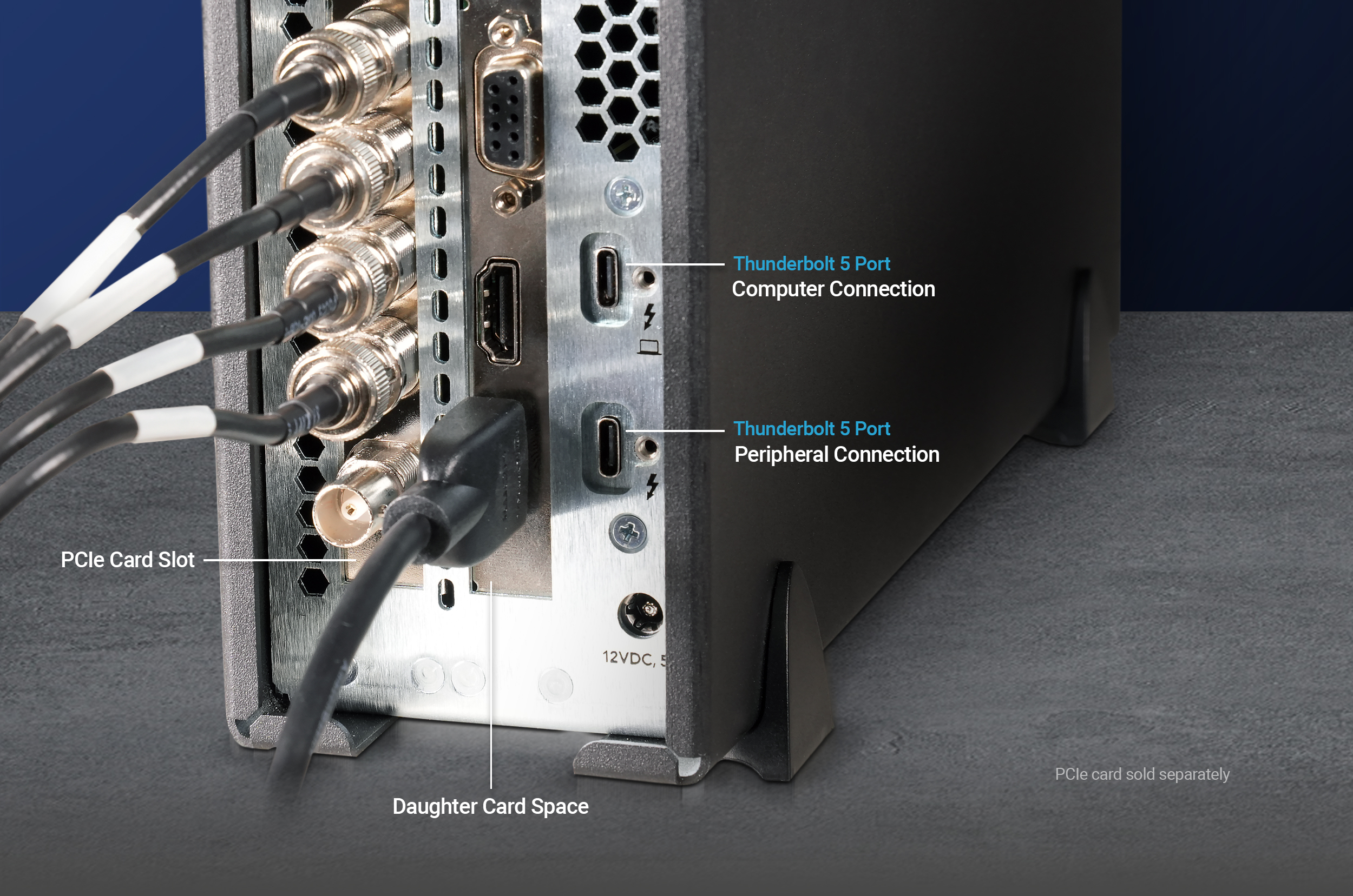 Rear view of Echo SE I T5 showing the back panel PCIe card slot and daughter card space passthrough slots, and two Thunderbolt 5 ports.
