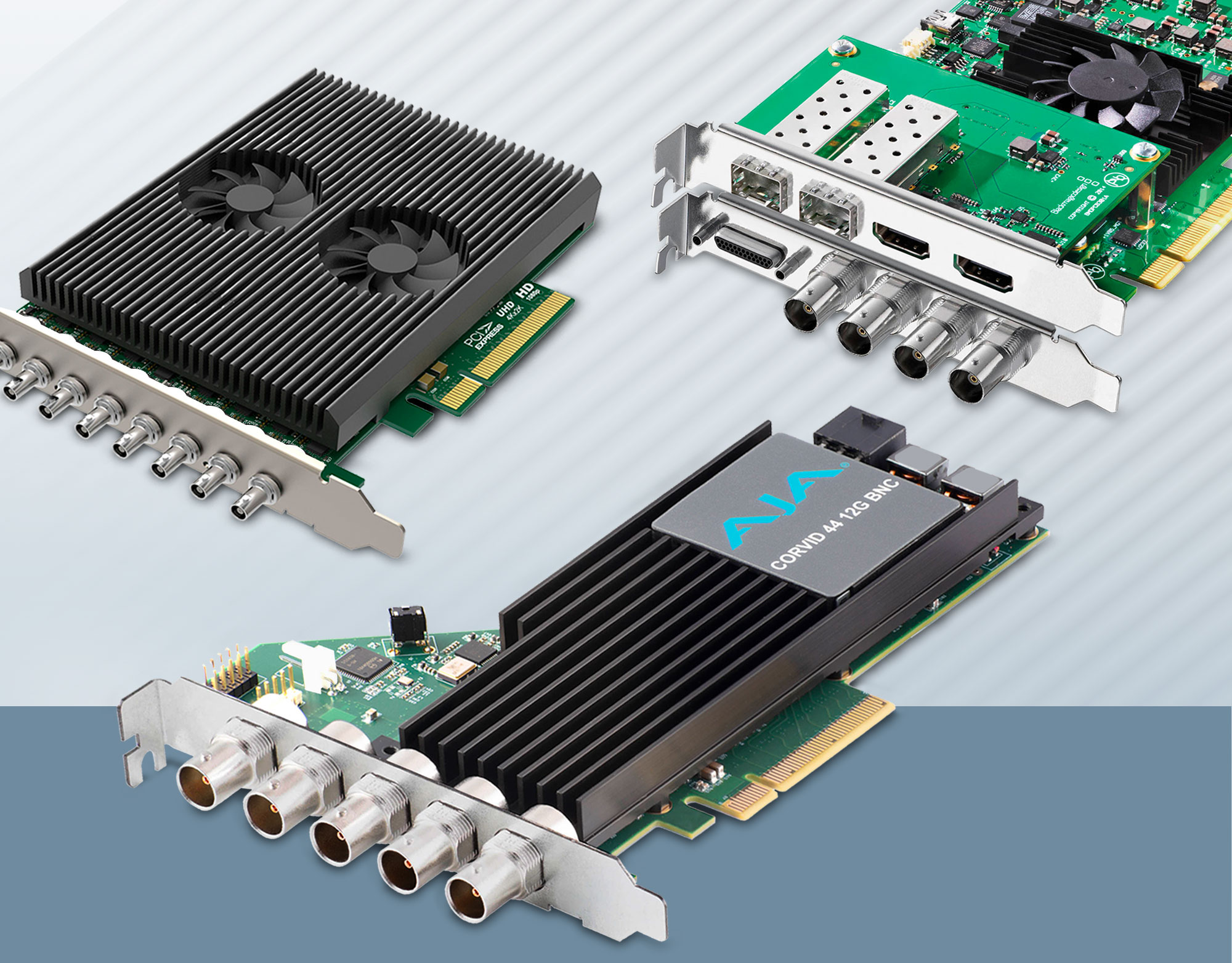 Group of audio and video PCIe cards.