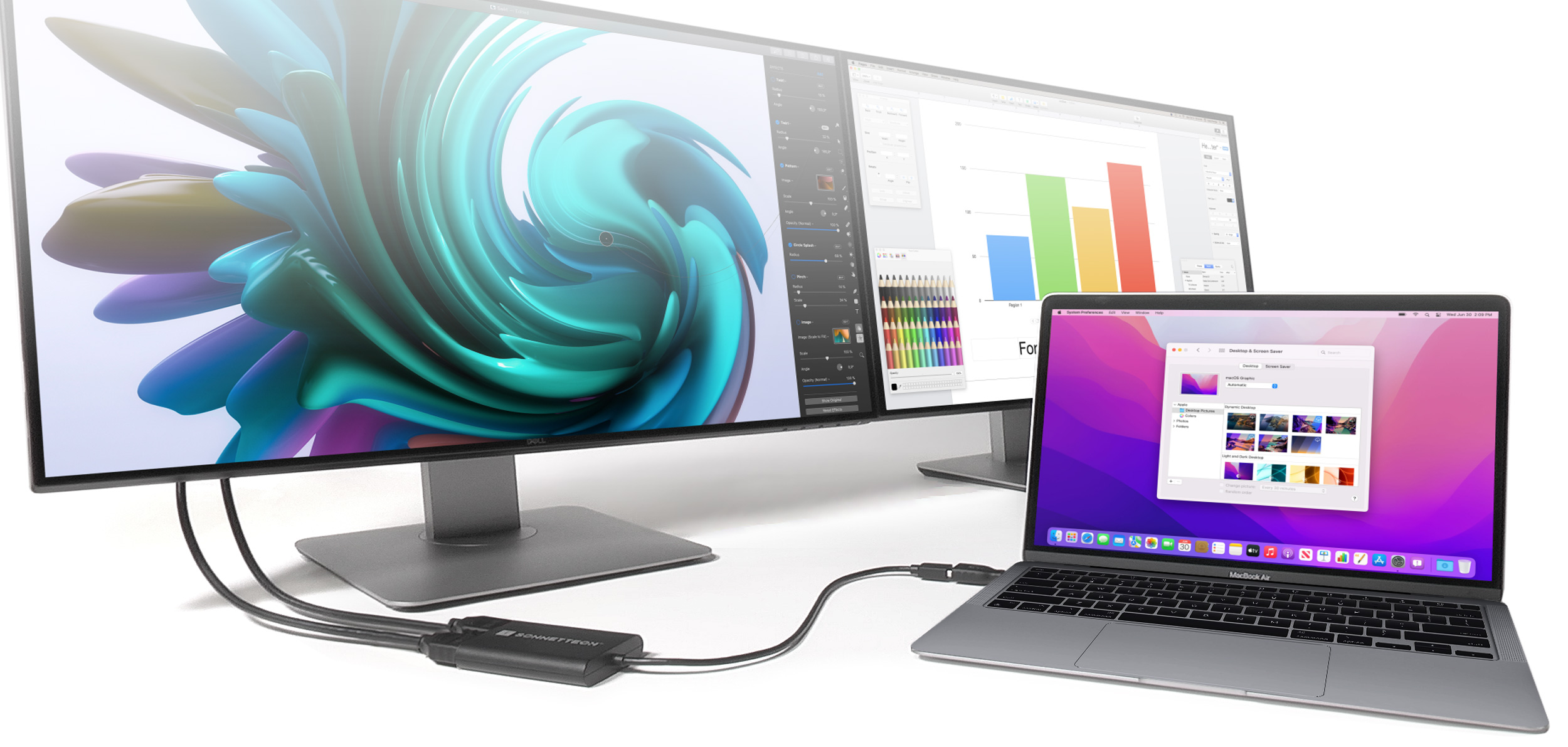 USB-C to Dual 4K 60Hz HDMI Adapter Connected to MacBook Air and Two 4K Displays