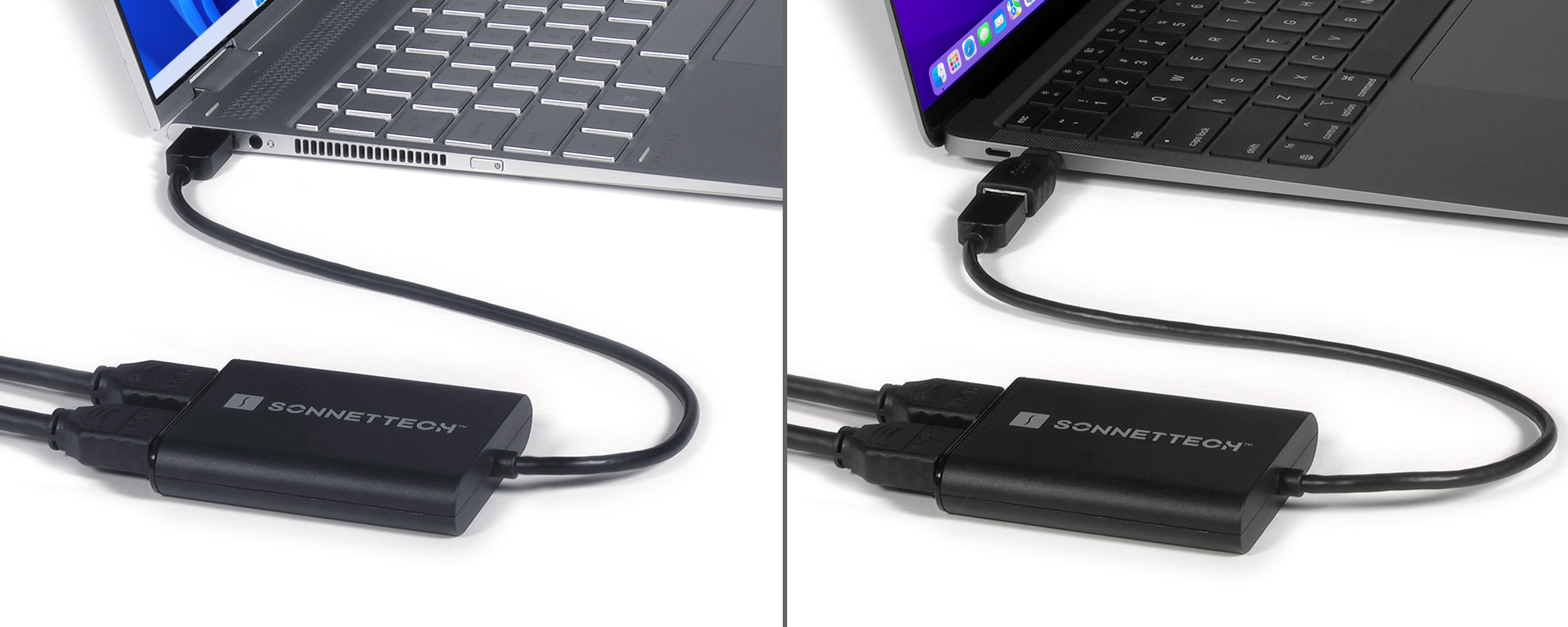 M1 Mac Dual HDMI 2.0 Adapter Connected to Computers with a USB Type-A Port and a USB-C Port (with Adapter)