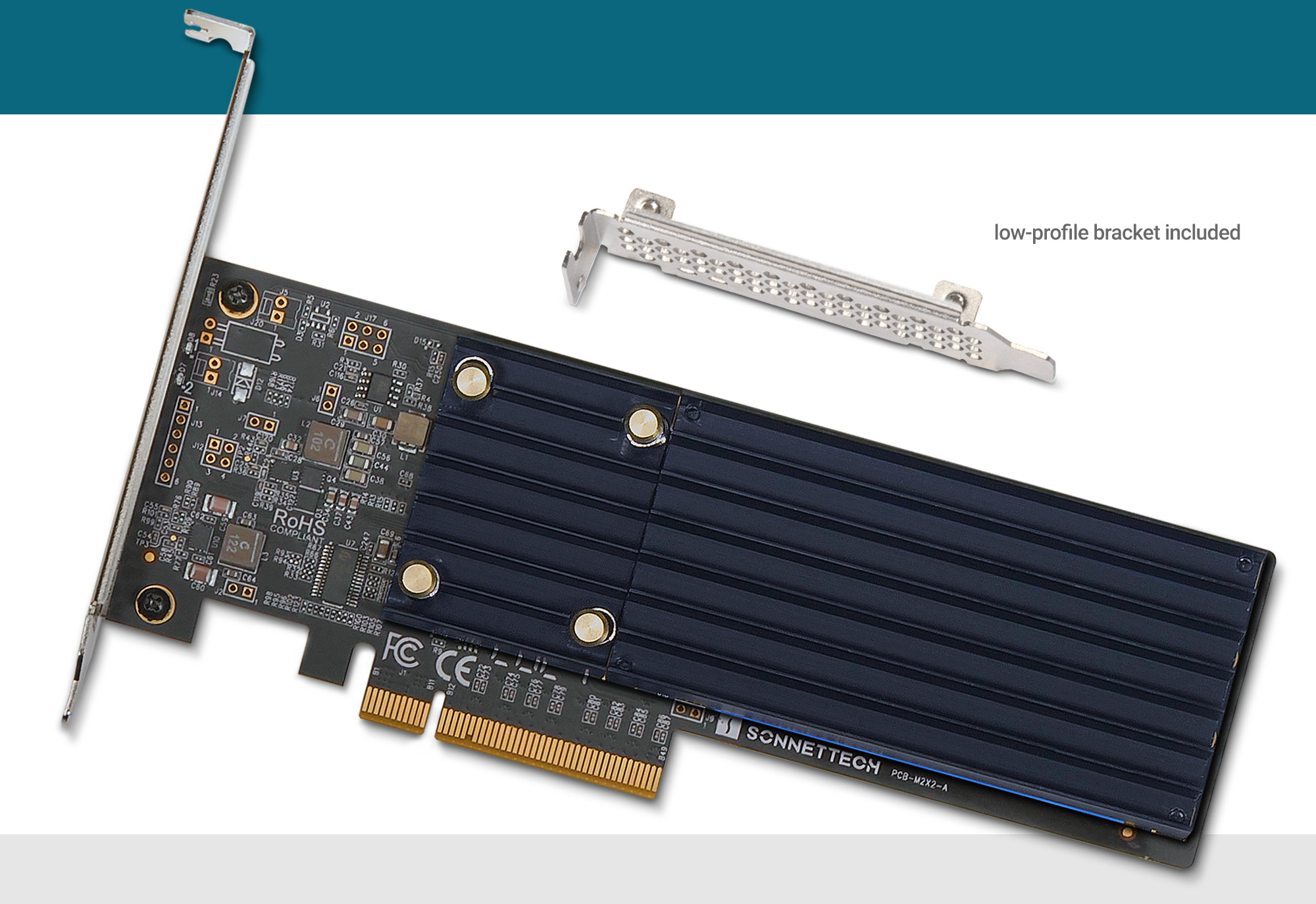 Overhead View of Sonnet M.2 2x4 PCIe Card Along with Included Low-profile Bracket