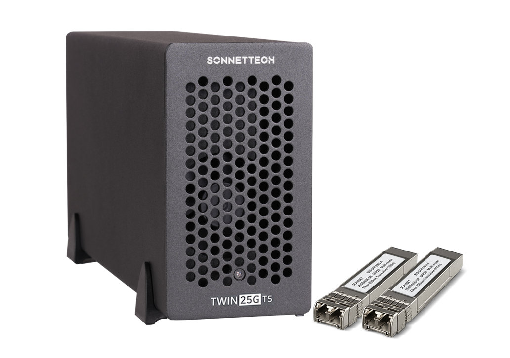 Twin25G T5 Thunderbolt 5 Adapter with SFP8 transceivers next to enclosure.