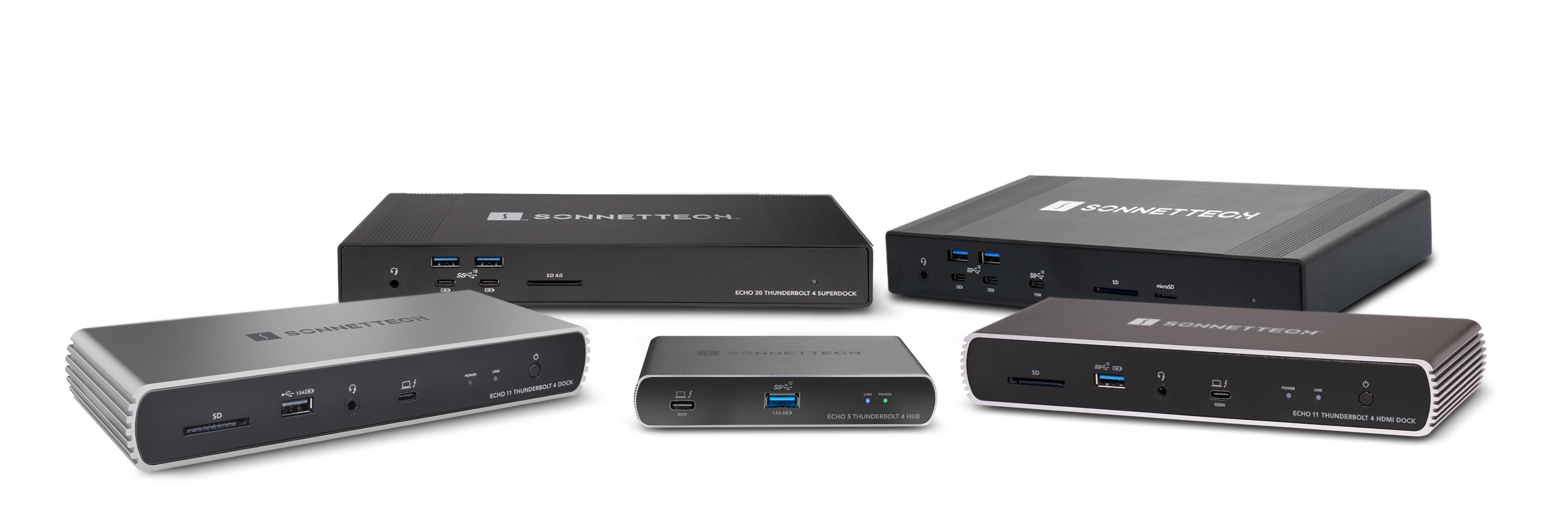 Group of Sonnet Thunderbolt 5 and Thunderbolt 4 docks.