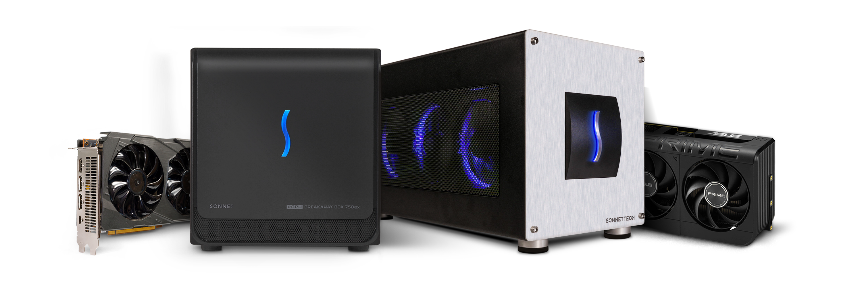 Sonnet eGPU enclosures with video cards sitting next to them.