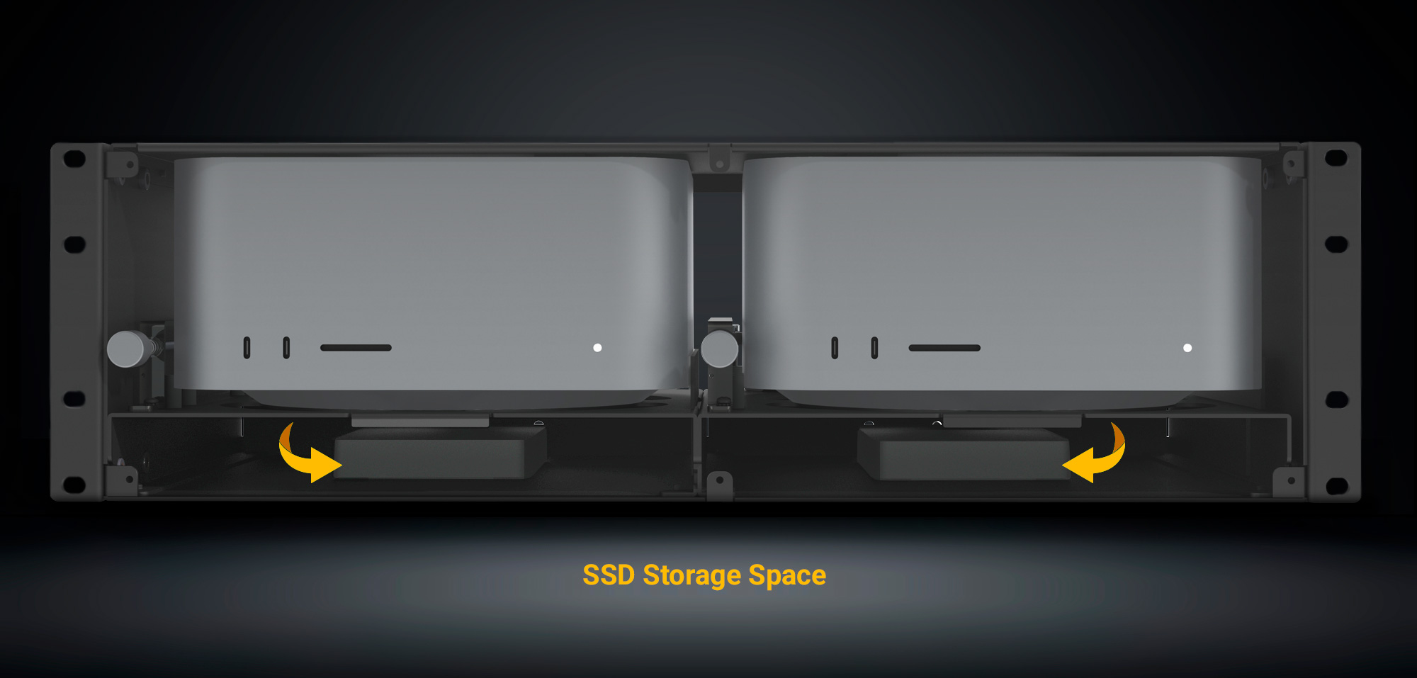 RackMac Studio without Front Panel Showing Location of Installed SSD Drives In Accessory Spaces